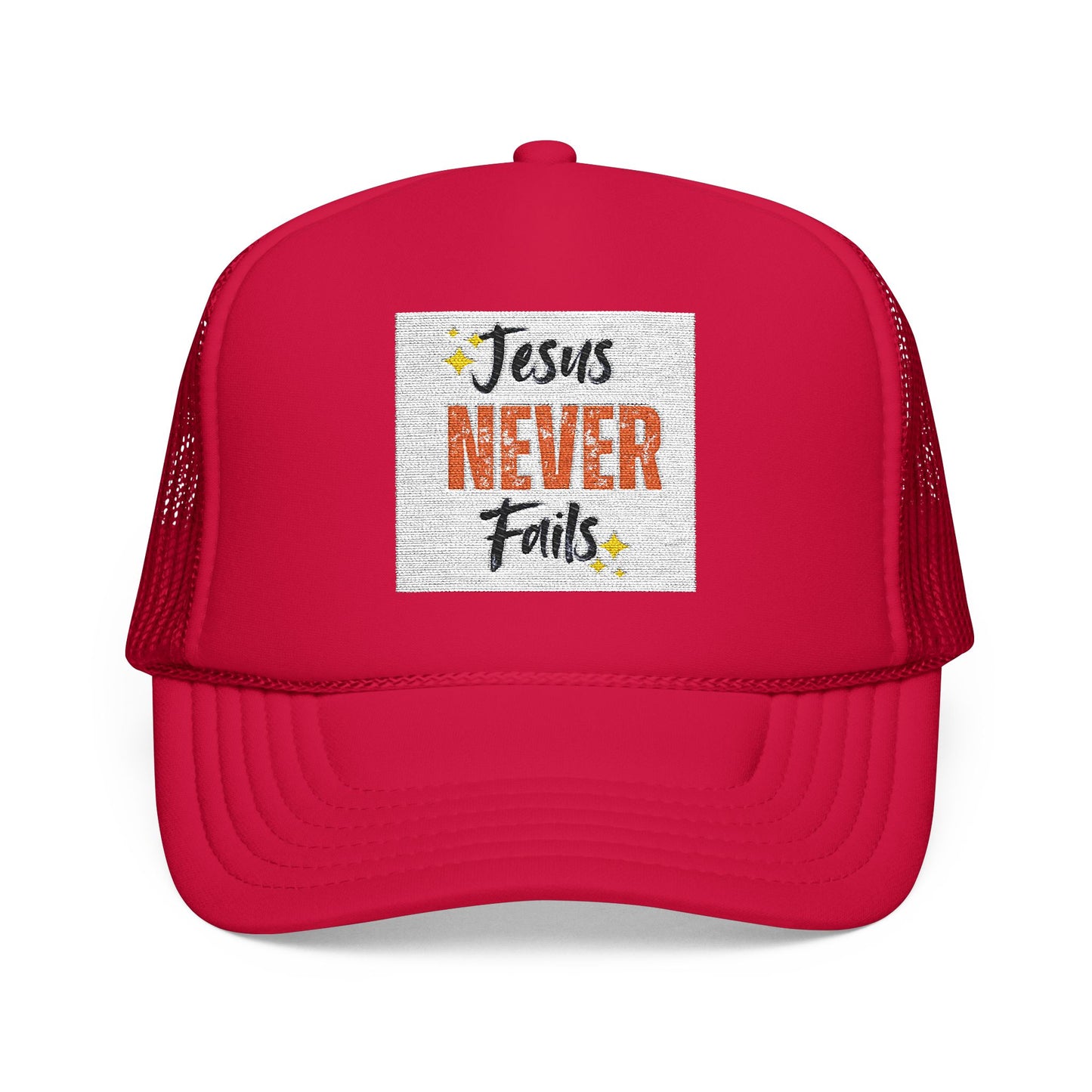 Red Foam Trucker Hat - 'Jesus Never Fails' - Faith-Based Gift, Casual Style, Summer Accessory, Inspirational Wear