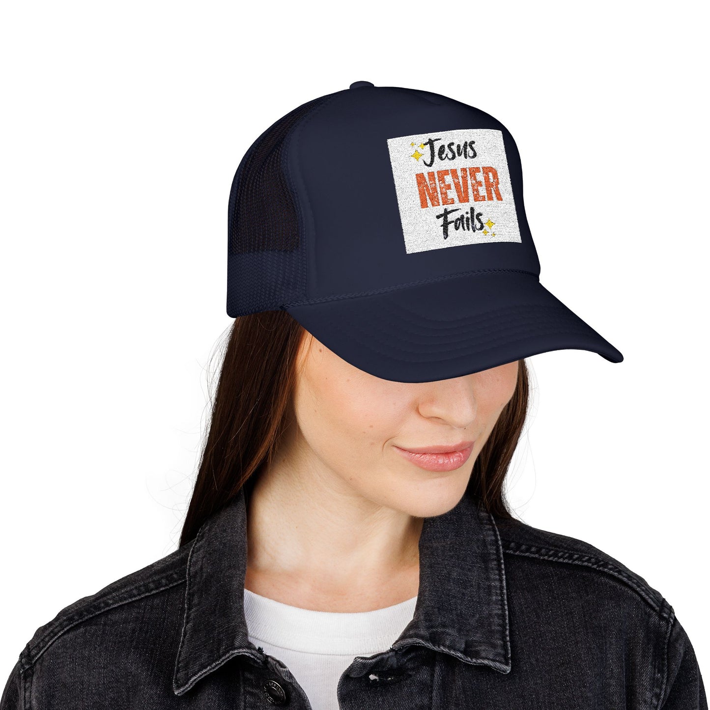 Red Foam Trucker Hat - 'Jesus Never Fails' - Faith-Based Gift, Casual Style, Summer Accessory, Inspirational Wear