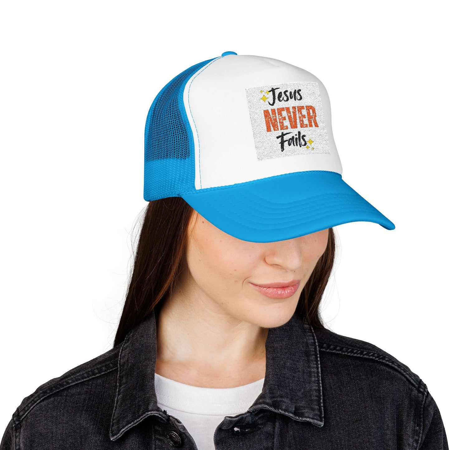 Red Foam Trucker Hat - 'Jesus Never Fails' - Faith-Based Gift, Casual Style, Summer Accessory, Inspirational Wear