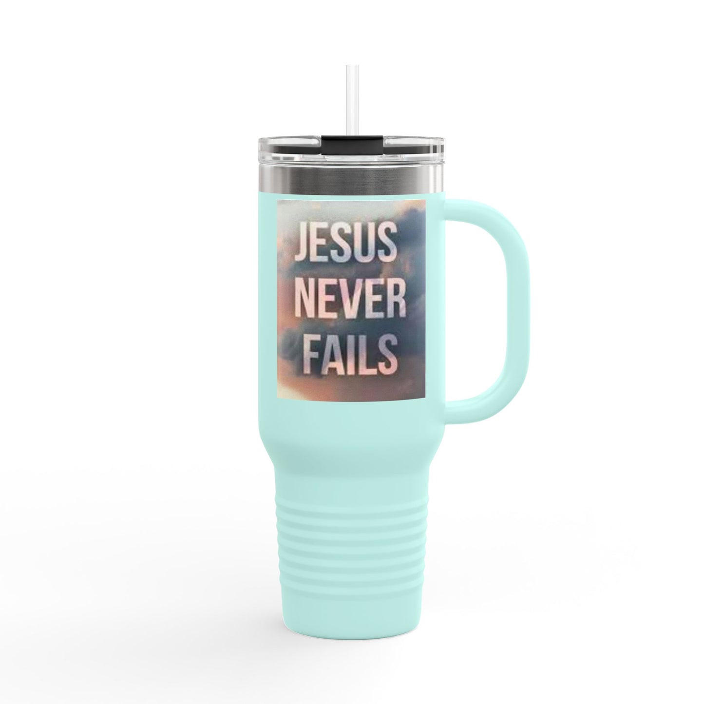 Inspirational Insulated Travel Mug | 40oz Motivational Drinkware, Jesus Never Fails, Travel Cup, Gift for Believers, Faith-Based Coffee Mug