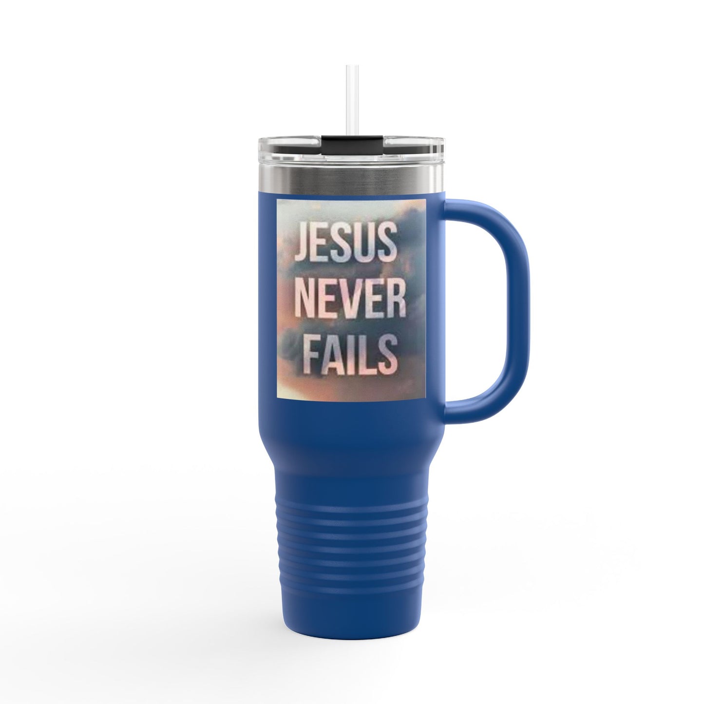 Inspirational Insulated Travel Mug | 40oz Motivational Drinkware, Jesus Never Fails, Travel Cup, Gift for Believers, Faith-Based Coffee Mug