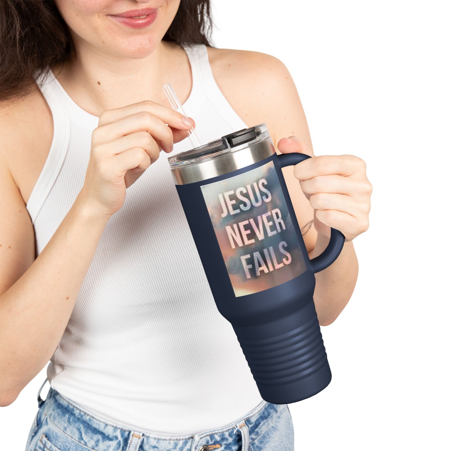 Inspirational Insulated Travel Mug | 40oz Motivational Drinkware, Jesus Never Fails, Travel Cup, Gift for Believers, Faith-Based Coffee Mug