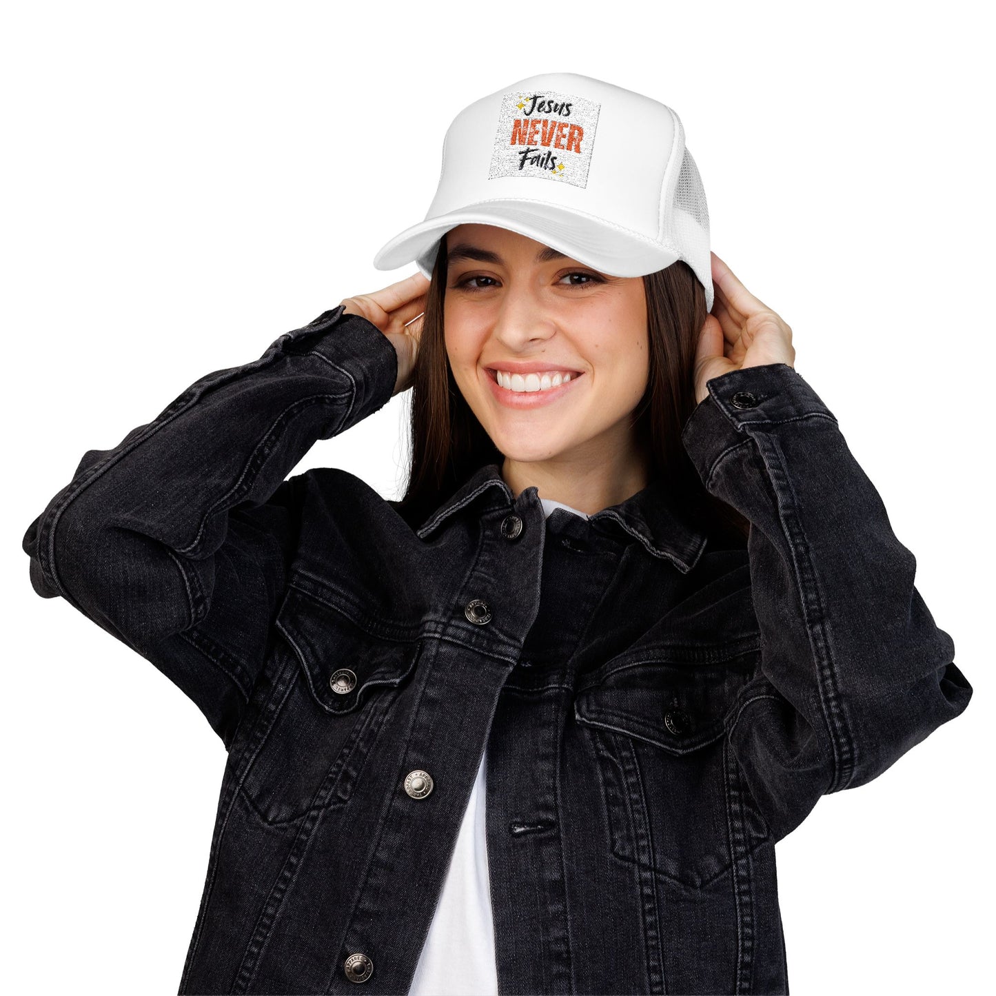 Red Foam Trucker Hat - 'Jesus Never Fails' - Faith-Based Gift, Casual Style, Summer Accessory, Inspirational Wear