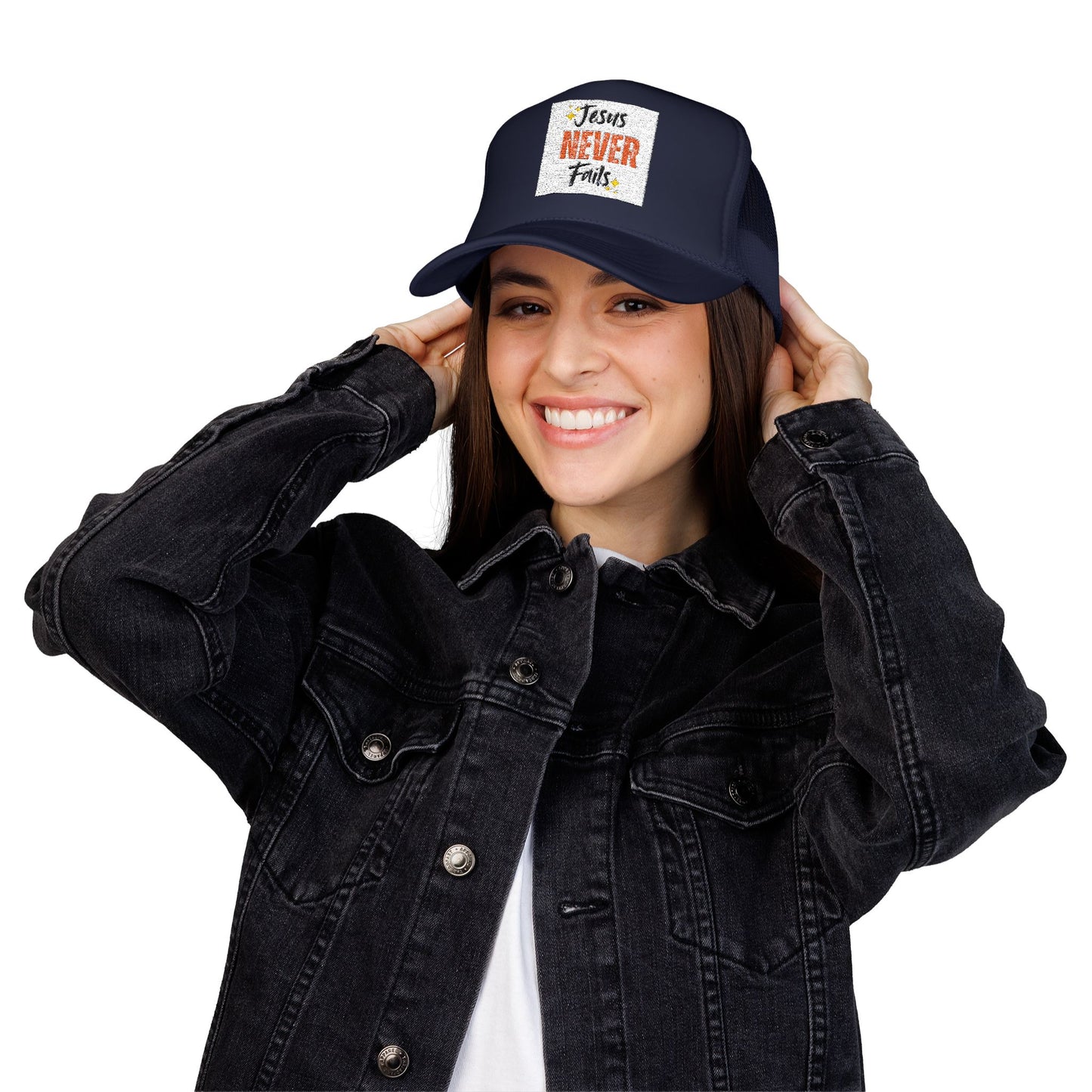 Red Foam Trucker Hat - 'Jesus Never Fails' - Faith-Based Gift, Casual Style, Summer Accessory, Inspirational Wear
