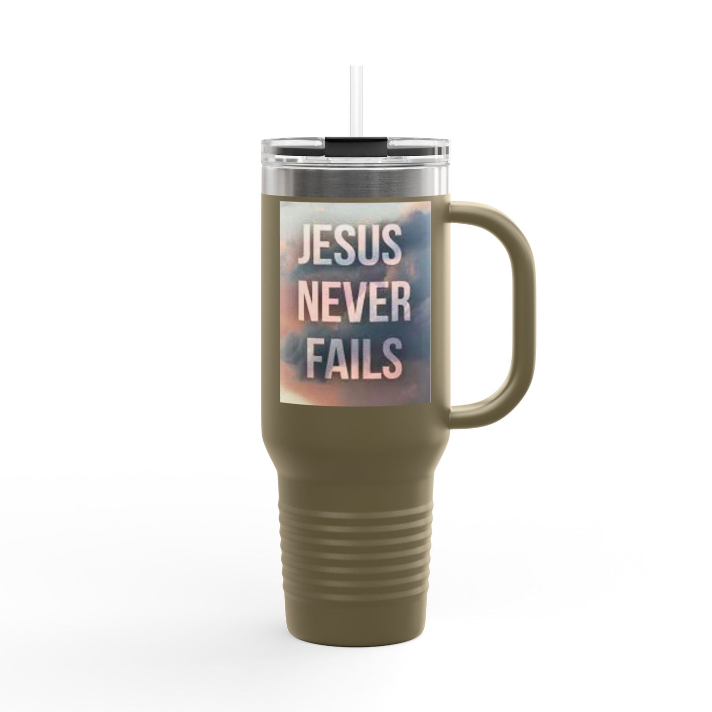 Inspirational Insulated Travel Mug | 40oz Motivational Drinkware, Jesus Never Fails, Travel Cup, Gift for Believers, Faith-Based Coffee Mug