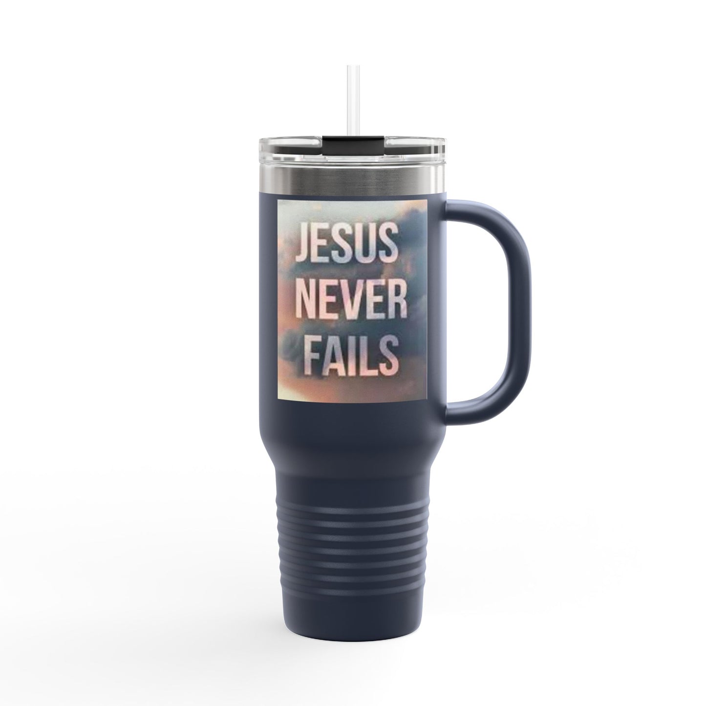 Inspirational Insulated Travel Mug | 40oz Motivational Drinkware, Jesus Never Fails, Travel Cup, Gift for Believers, Faith-Based Coffee Mug