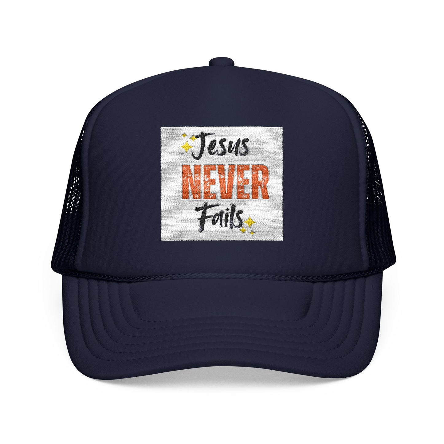 Red Foam Trucker Hat - 'Jesus Never Fails' - Faith-Based Gift, Casual Style, Summer Accessory, Inspirational Wear