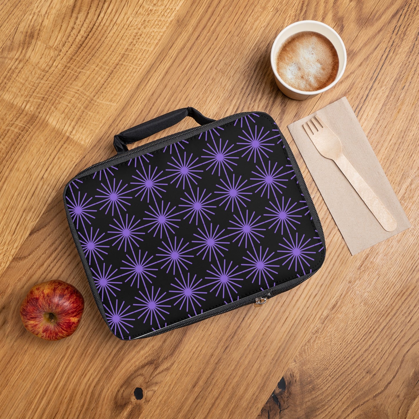 Stylish Lunch Bag with Purple Starburst Pattern, Insulated Tote for School, Work, Picnics, and Outdoor Adventures
