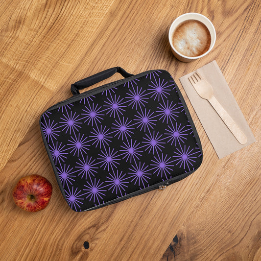 Stylish Lunch Bag with Purple Starburst Pattern, Insulated Tote for School, Work, Picnics, and Outdoor Adventures