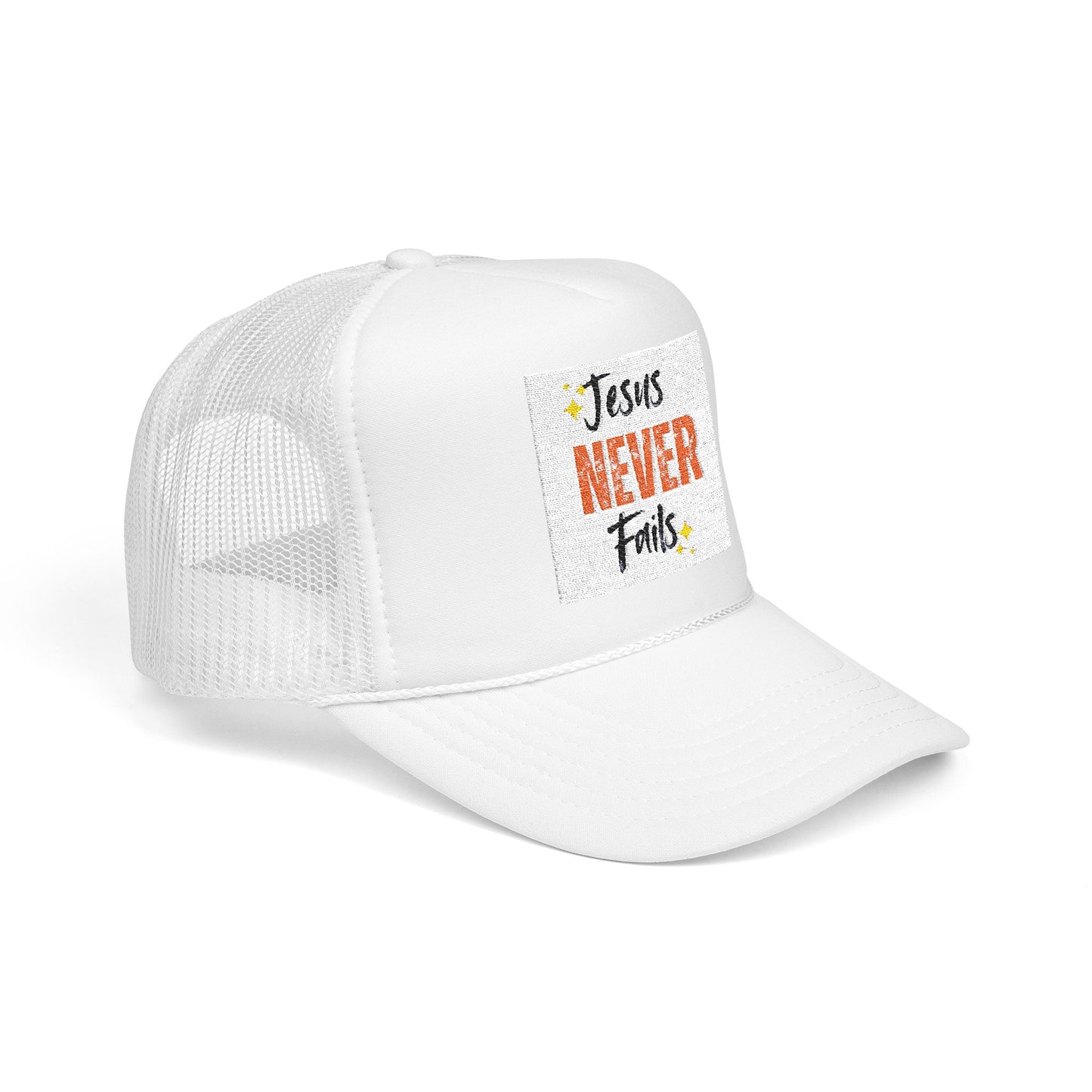 Red Foam Trucker Hat - 'Jesus Never Fails' - Faith-Based Gift, Casual Style, Summer Accessory, Inspirational Wear
