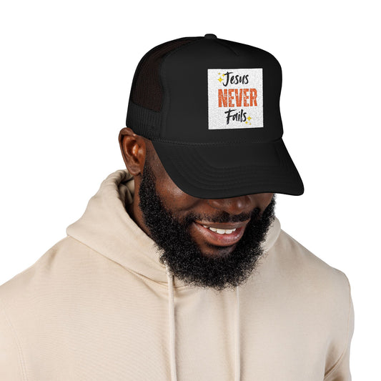 Red Foam Trucker Hat - 'Jesus Never Fails' - Faith-Based Gift, Casual Style, Summer Accessory, Inspirational Wear