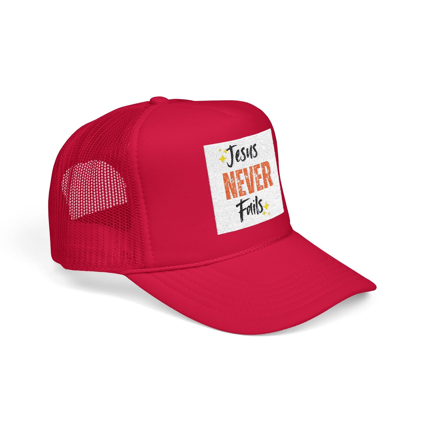 Red Foam Trucker Hat - 'Jesus Never Fails' - Faith-Based Gift, Casual Style, Summer Accessory, Inspirational Wear