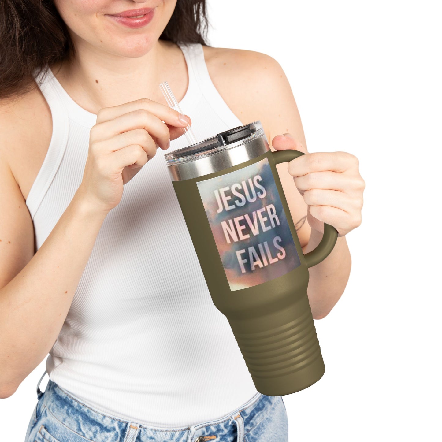 Inspirational Insulated Travel Mug | 40oz Motivational Drinkware, Jesus Never Fails, Travel Cup, Gift for Believers, Faith-Based Coffee Mug