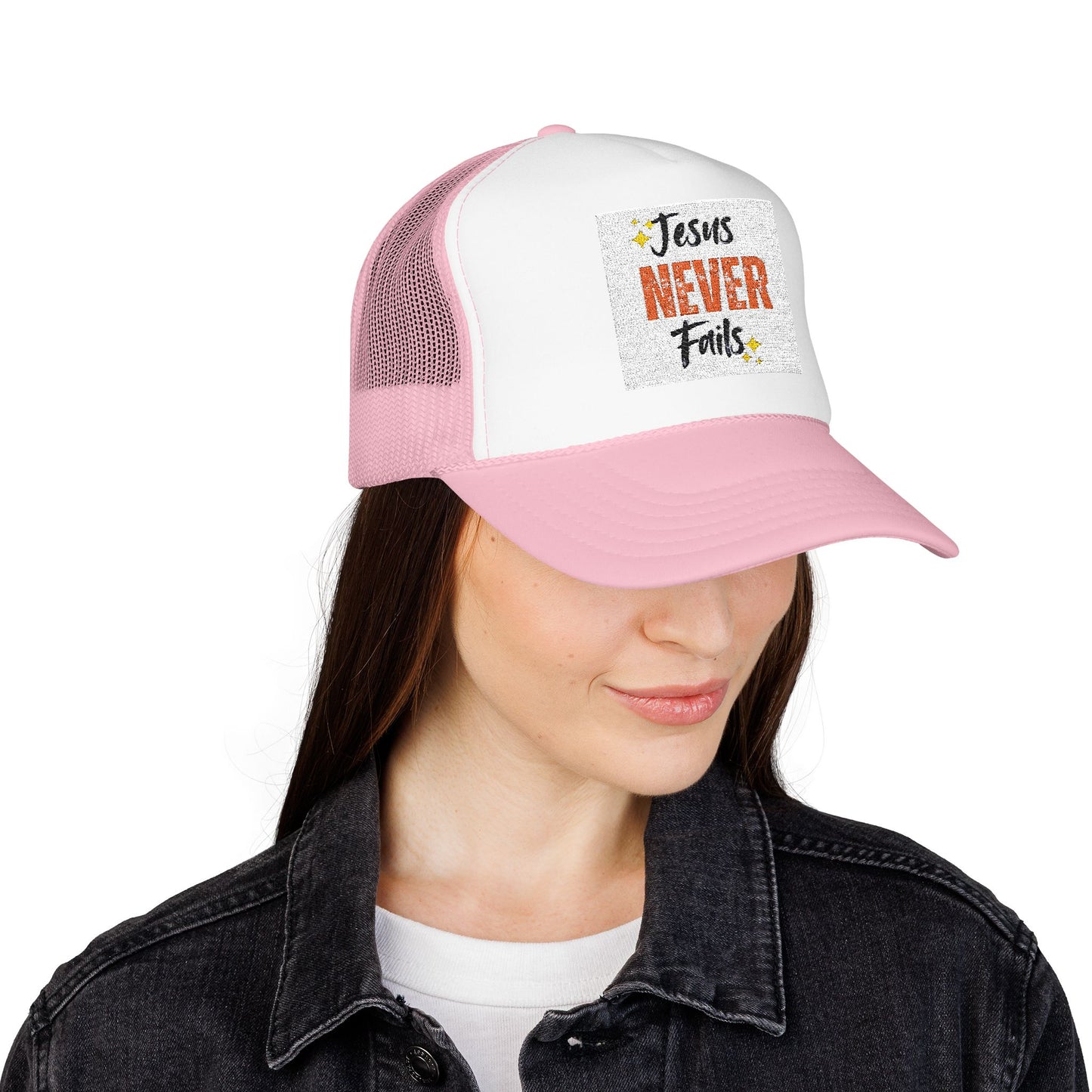Red Foam Trucker Hat - 'Jesus Never Fails' - Faith-Based Gift, Casual Style, Summer Accessory, Inspirational Wear