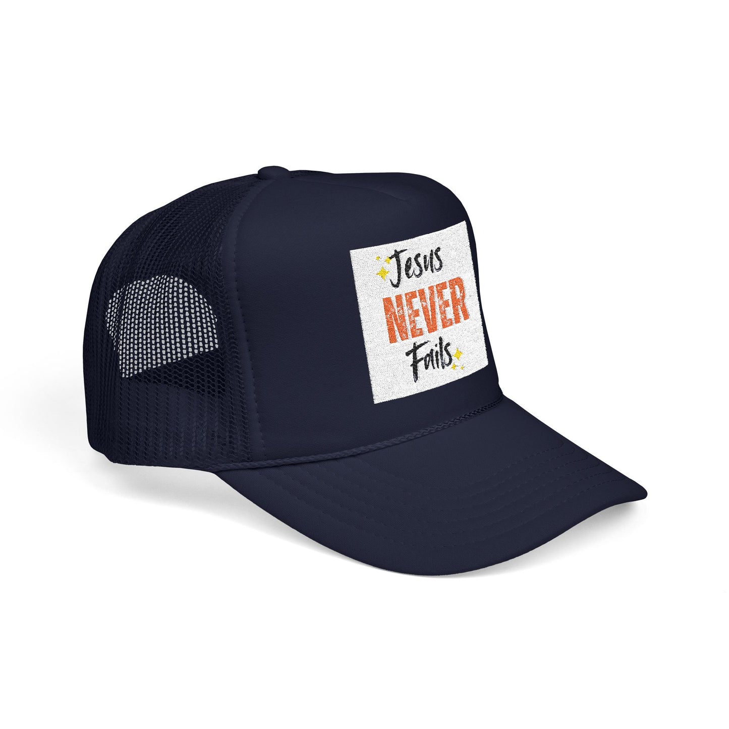 Red Foam Trucker Hat - 'Jesus Never Fails' - Faith-Based Gift, Casual Style, Summer Accessory, Inspirational Wear