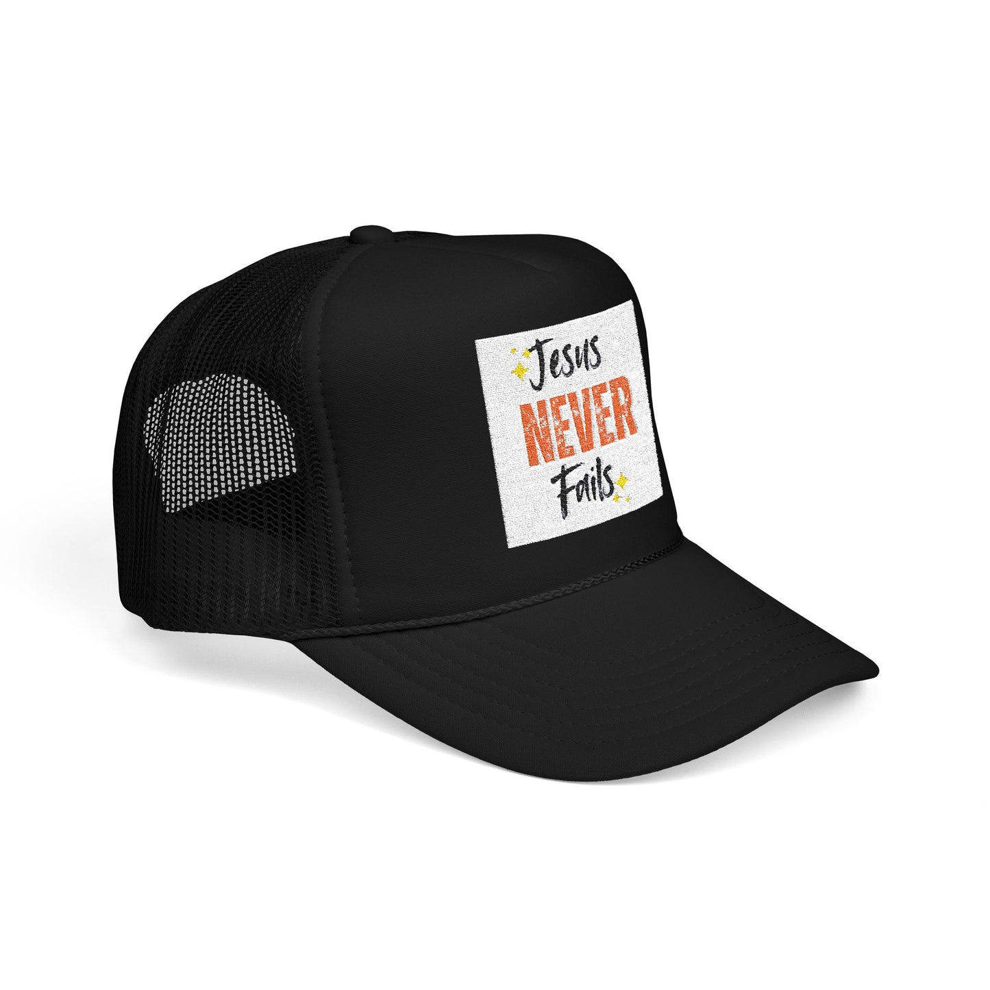 Red Foam Trucker Hat - 'Jesus Never Fails' - Faith-Based Gift, Casual Style, Summer Accessory, Inspirational Wear