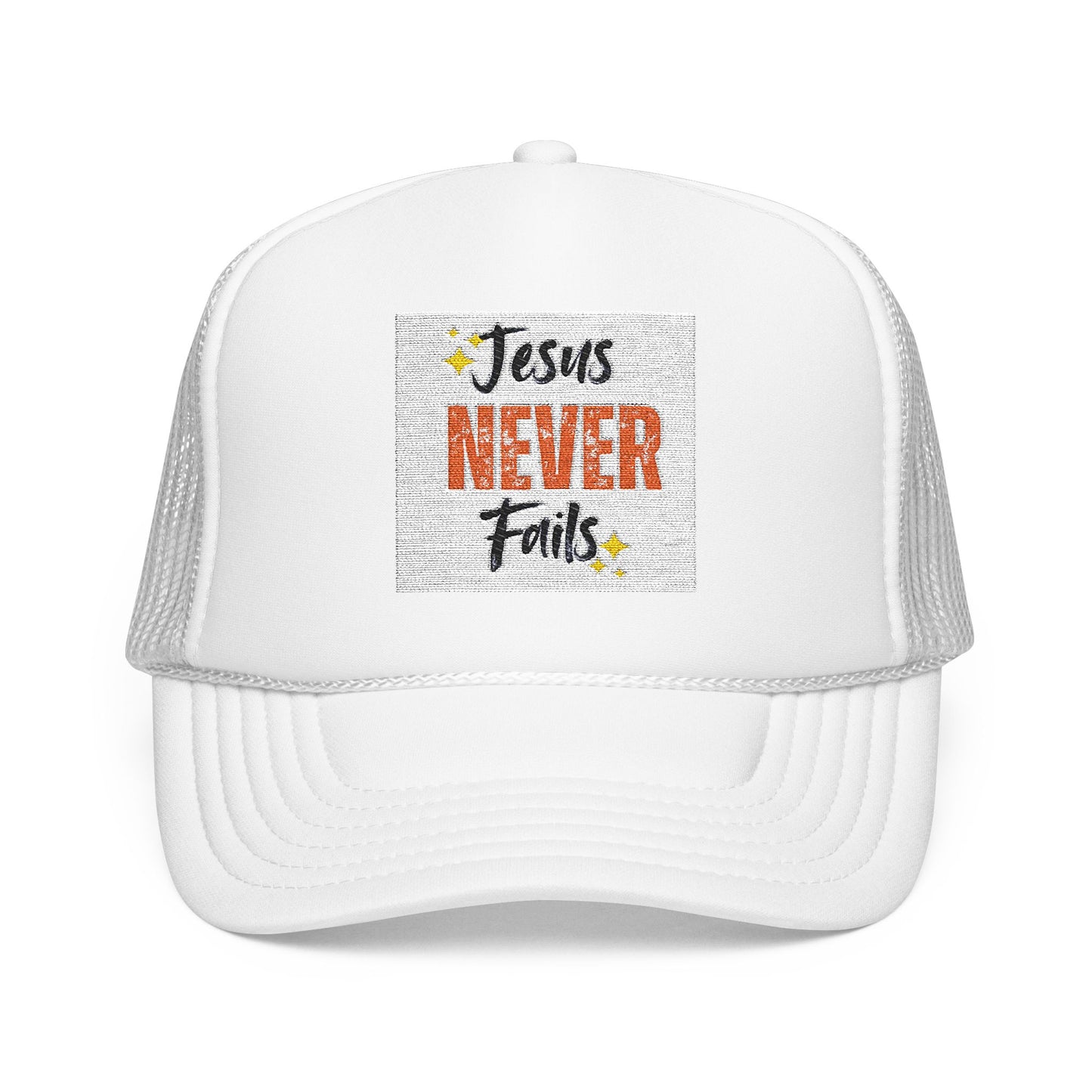 Red Foam Trucker Hat - 'Jesus Never Fails' - Faith-Based Gift, Casual Style, Summer Accessory, Inspirational Wear