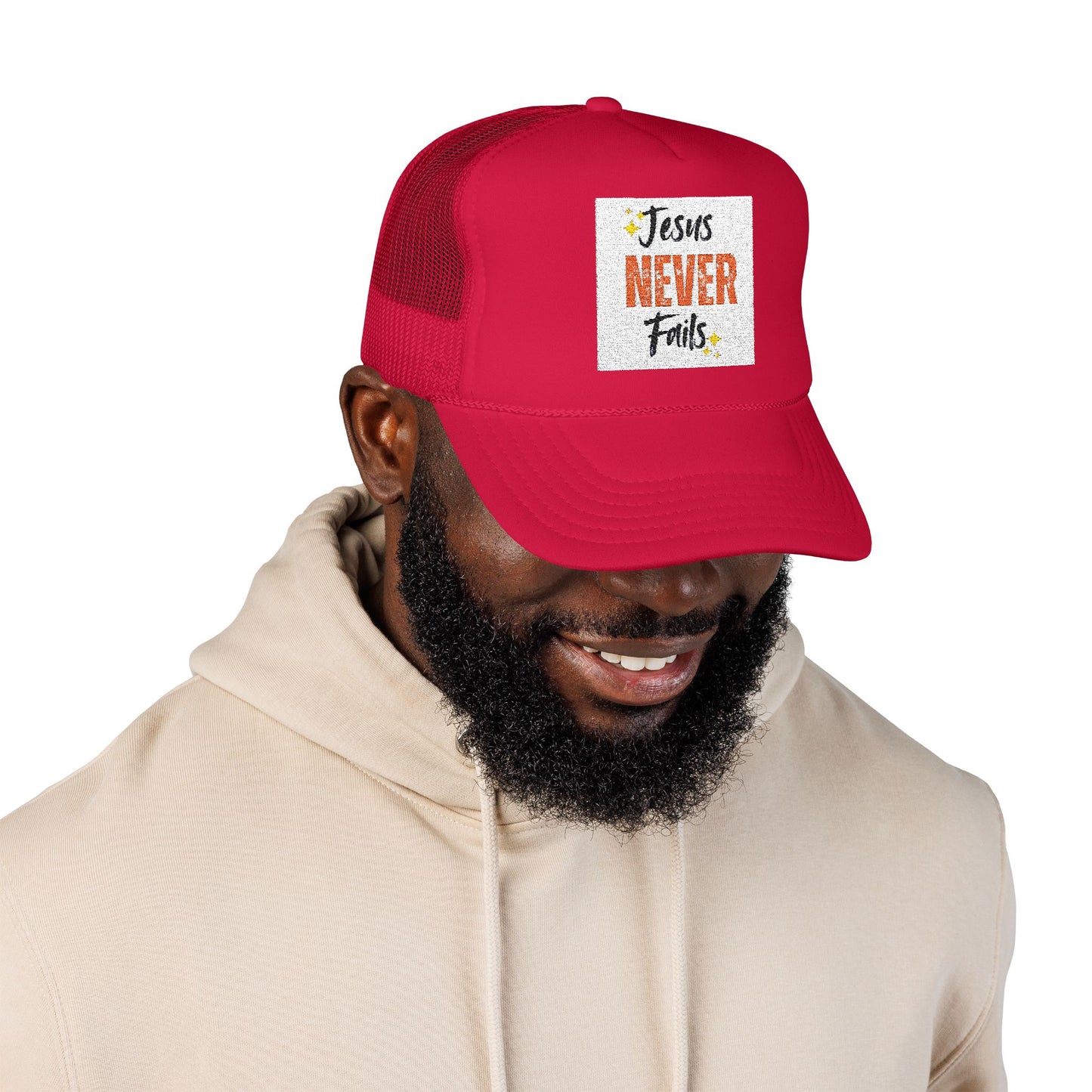 Red Foam Trucker Hat - 'Jesus Never Fails' - Faith-Based Gift, Casual Style, Summer Accessory, Inspirational Wear