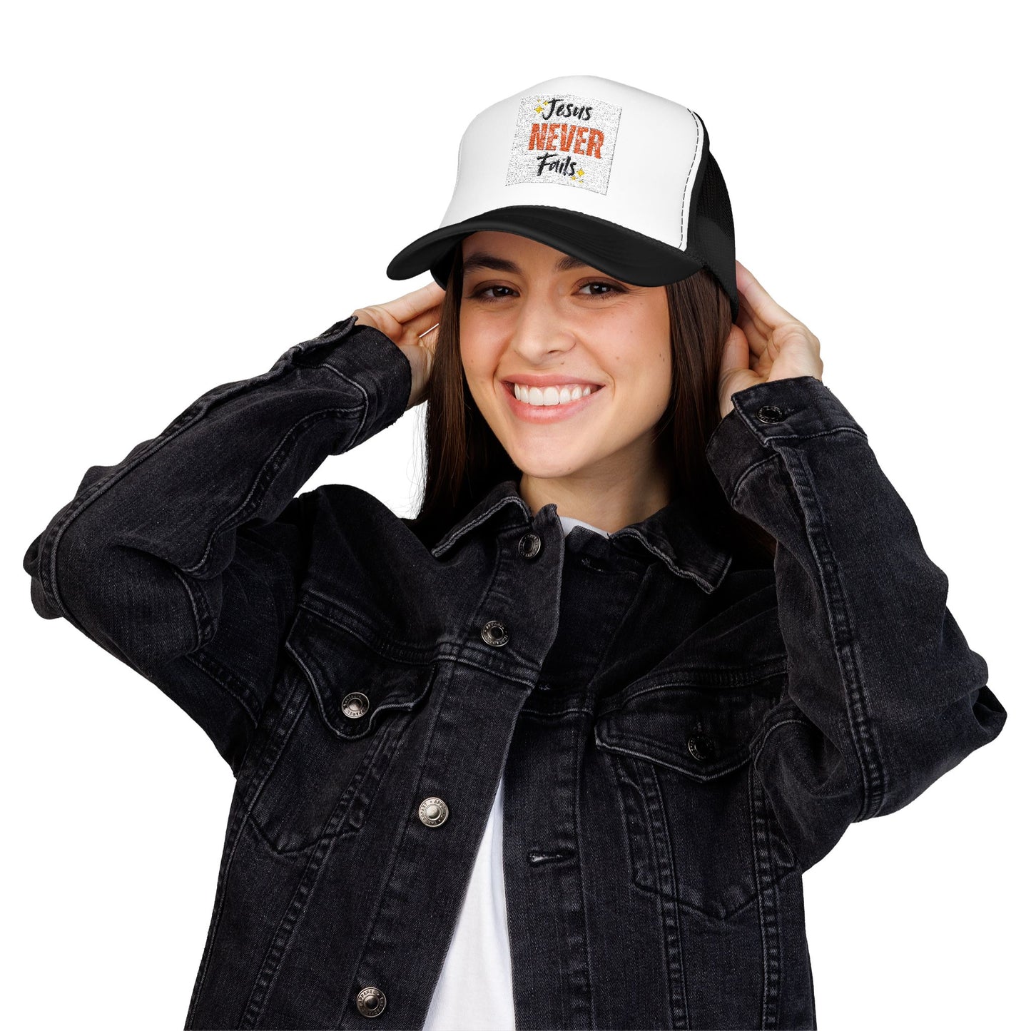 Red Foam Trucker Hat - 'Jesus Never Fails' - Faith-Based Gift, Casual Style, Summer Accessory, Inspirational Wear