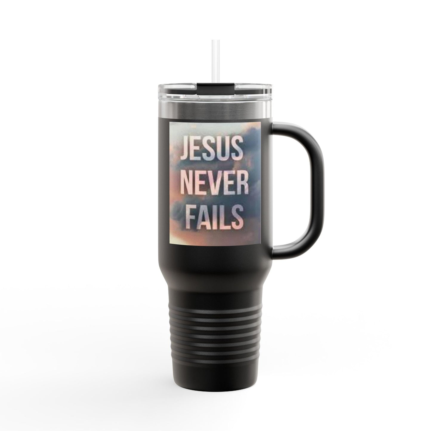 Inspirational Insulated Travel Mug | 40oz Motivational Drinkware, Jesus Never Fails, Travel Cup, Gift for Believers, Faith-Based Coffee Mug