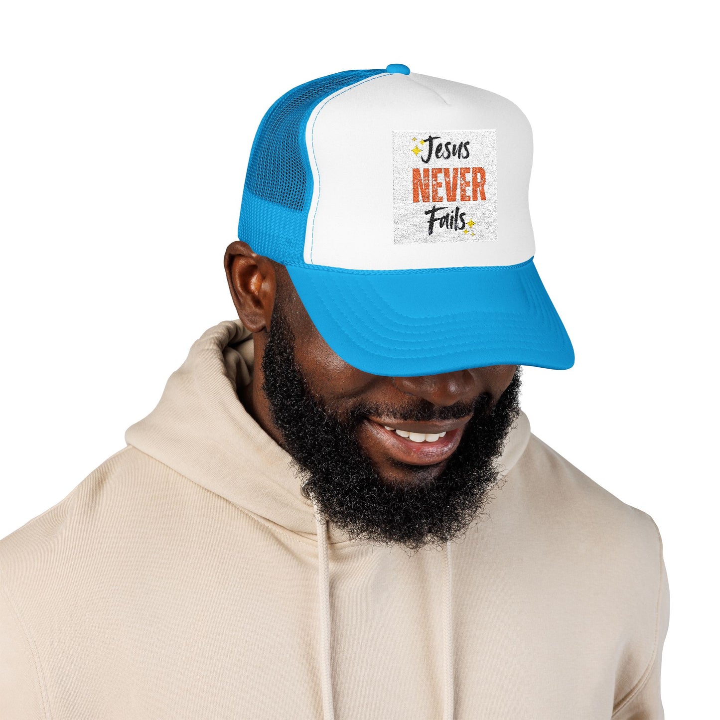 Red Foam Trucker Hat - 'Jesus Never Fails' - Faith-Based Gift, Casual Style, Summer Accessory, Inspirational Wear