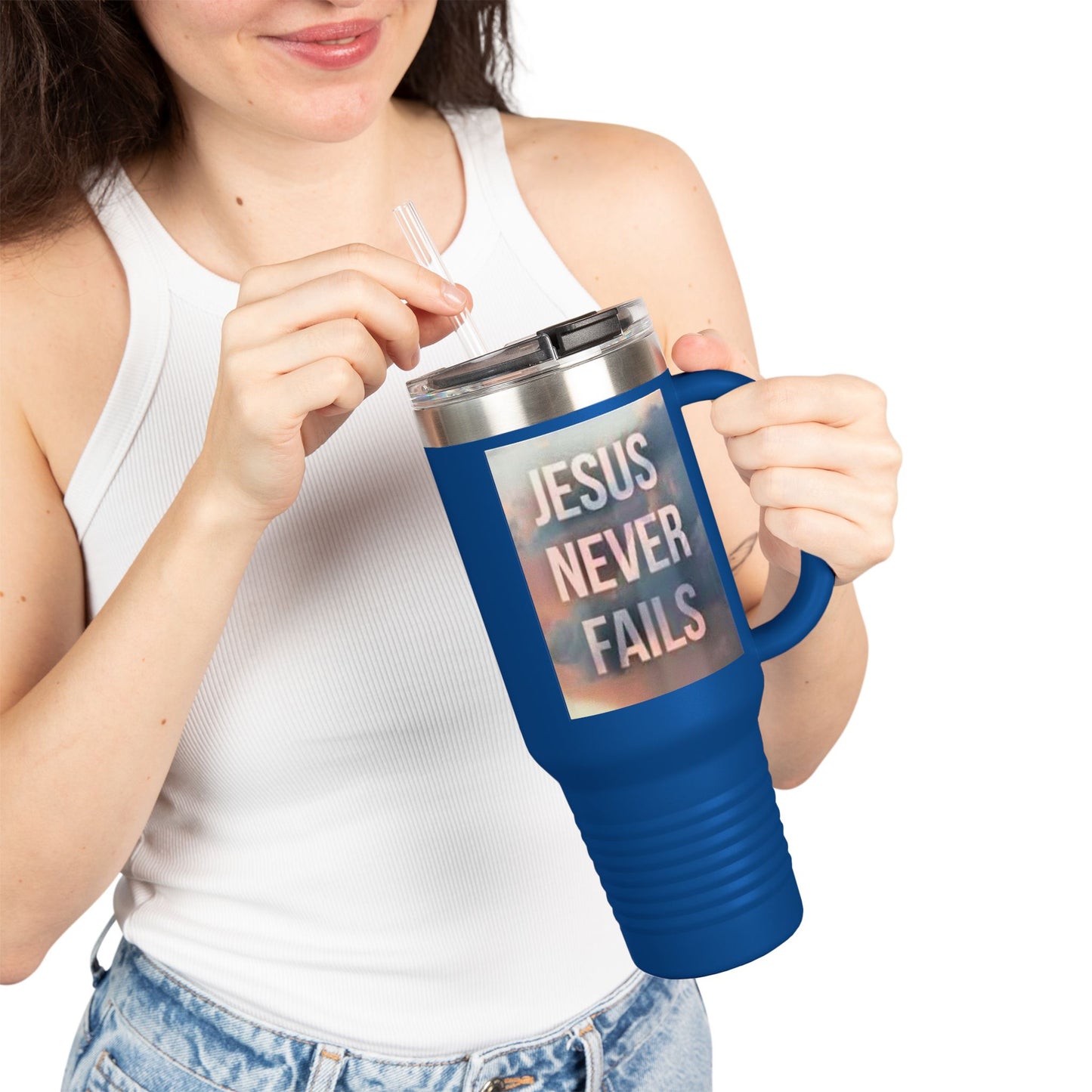 Inspirational Insulated Travel Mug | 40oz Motivational Drinkware, Jesus Never Fails, Travel Cup, Gift for Believers, Faith-Based Coffee Mug