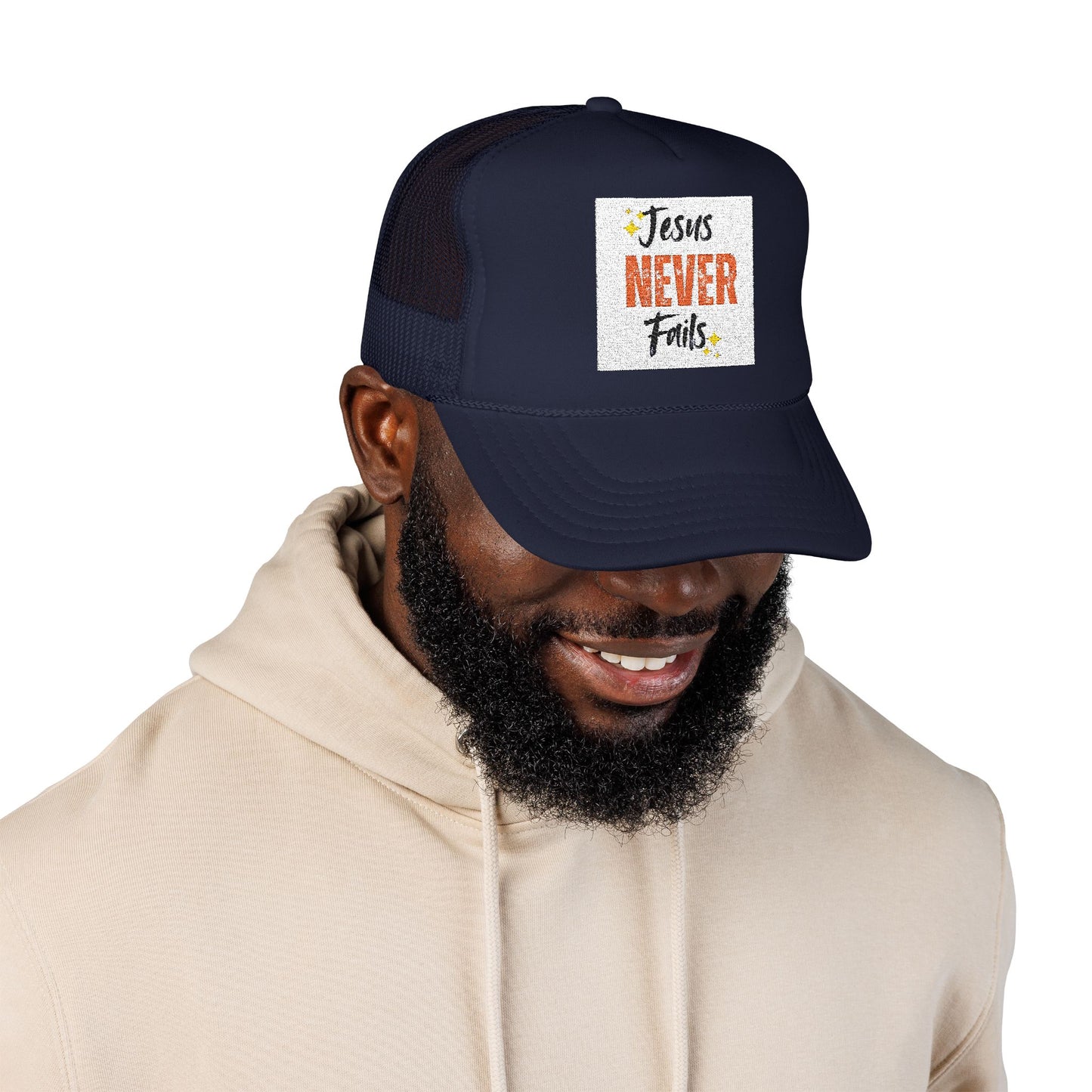 Red Foam Trucker Hat - 'Jesus Never Fails' - Faith-Based Gift, Casual Style, Summer Accessory, Inspirational Wear
