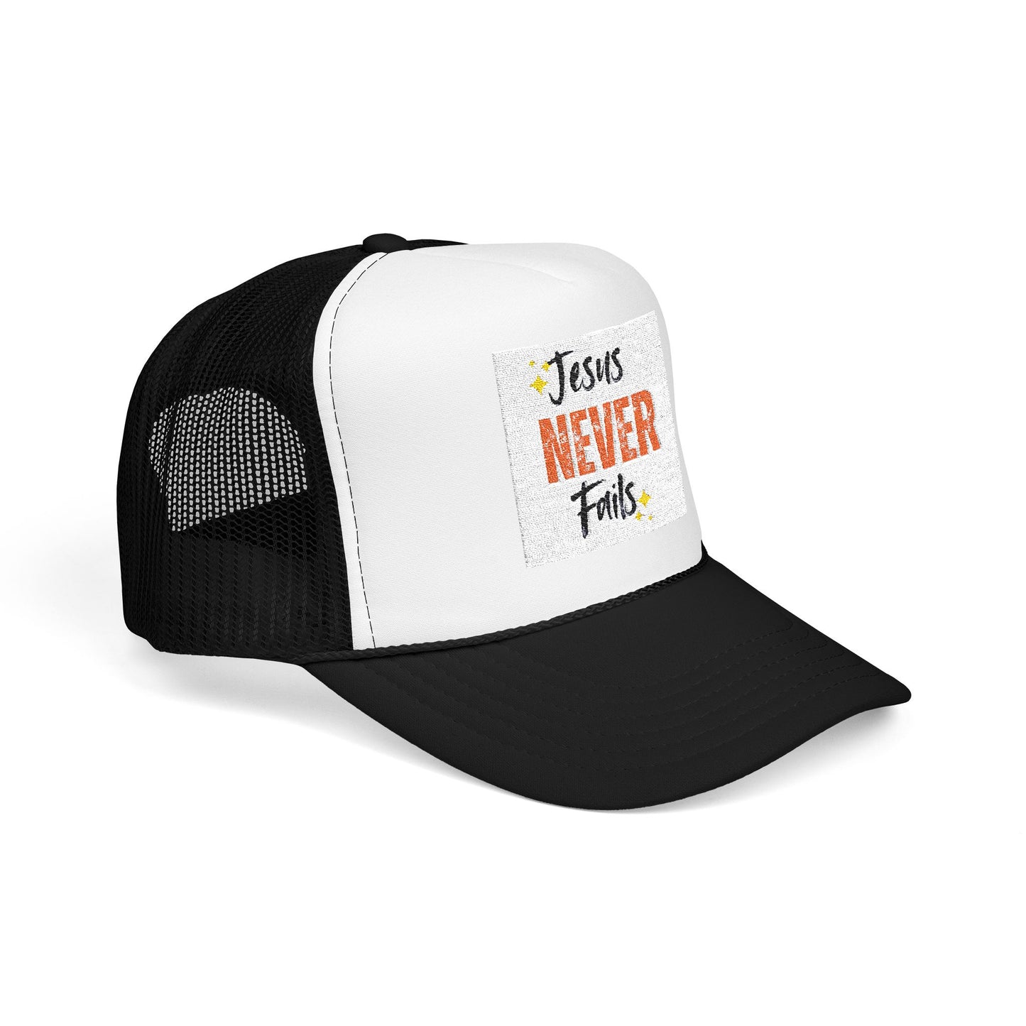 Red Foam Trucker Hat - 'Jesus Never Fails' - Faith-Based Gift, Casual Style, Summer Accessory, Inspirational Wear