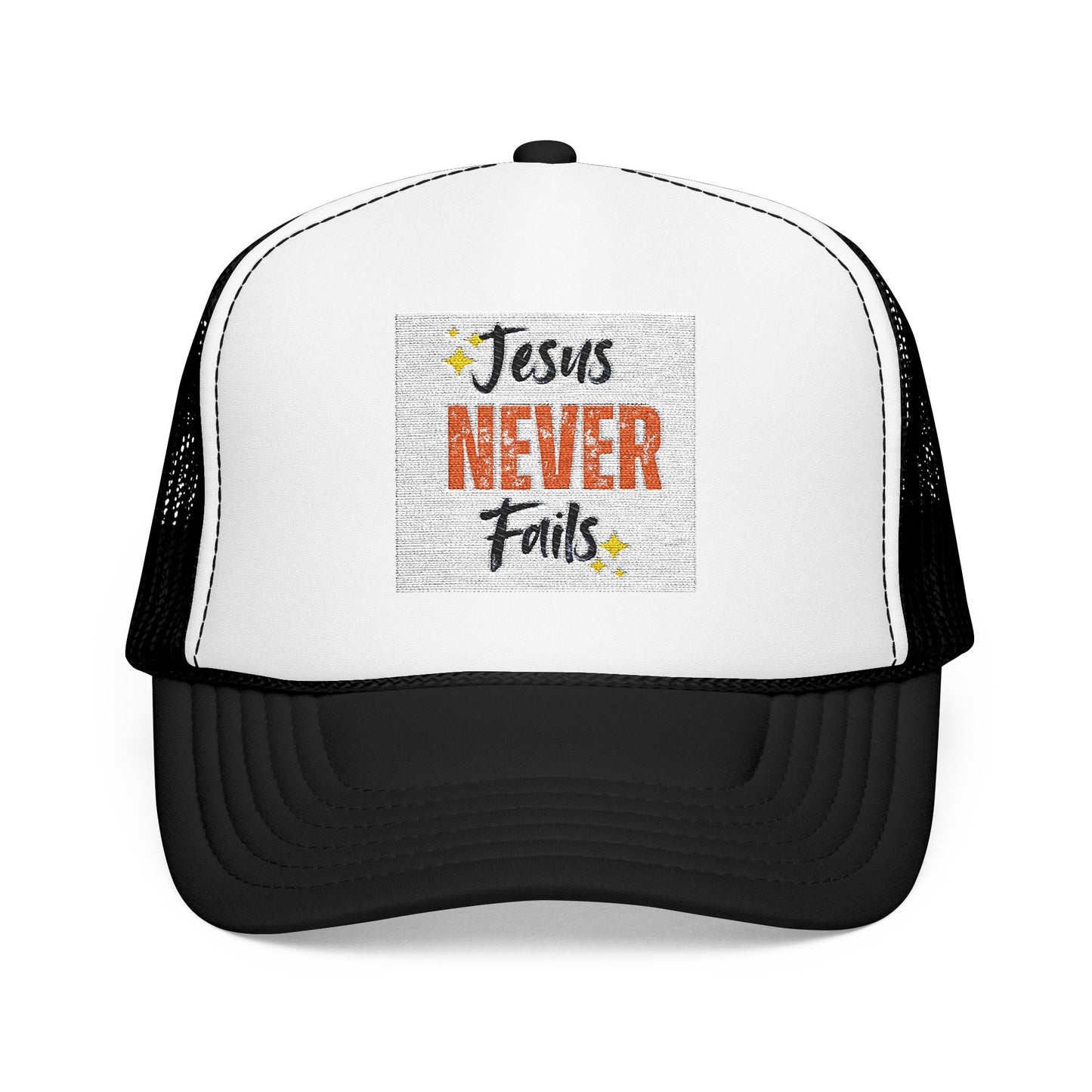 Red Foam Trucker Hat - 'Jesus Never Fails' - Faith-Based Gift, Casual Style, Summer Accessory, Inspirational Wear
