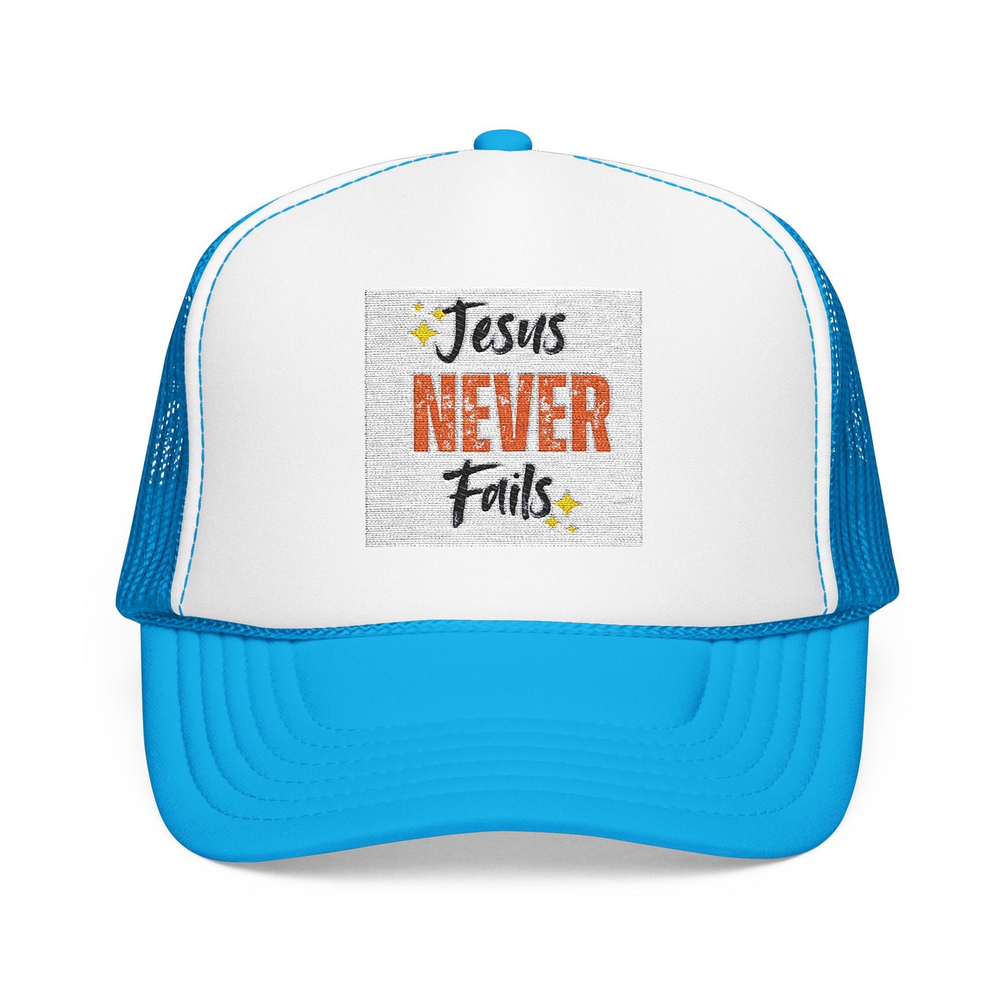 Red Foam Trucker Hat - 'Jesus Never Fails' - Faith-Based Gift, Casual Style, Summer Accessory, Inspirational Wear