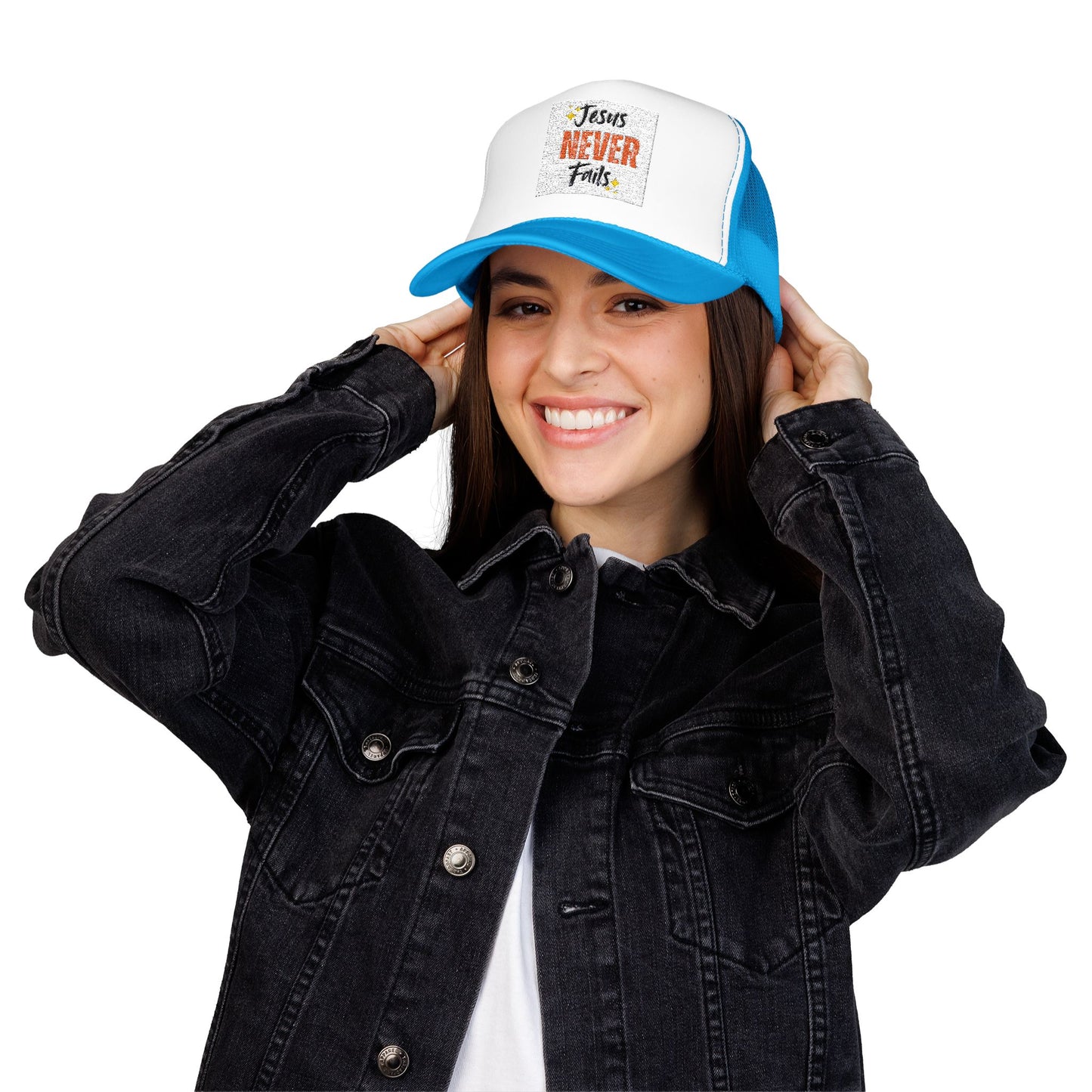 Red Foam Trucker Hat - 'Jesus Never Fails' - Faith-Based Gift, Casual Style, Summer Accessory, Inspirational Wear