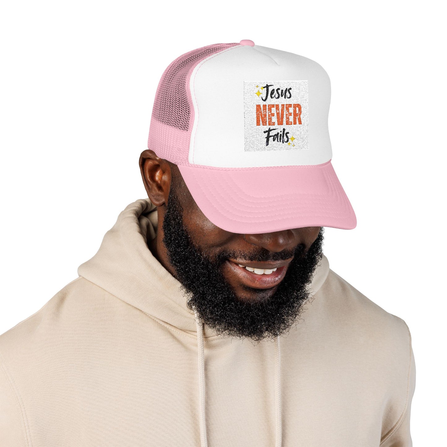 Red Foam Trucker Hat - 'Jesus Never Fails' - Faith-Based Gift, Casual Style, Summer Accessory, Inspirational Wear