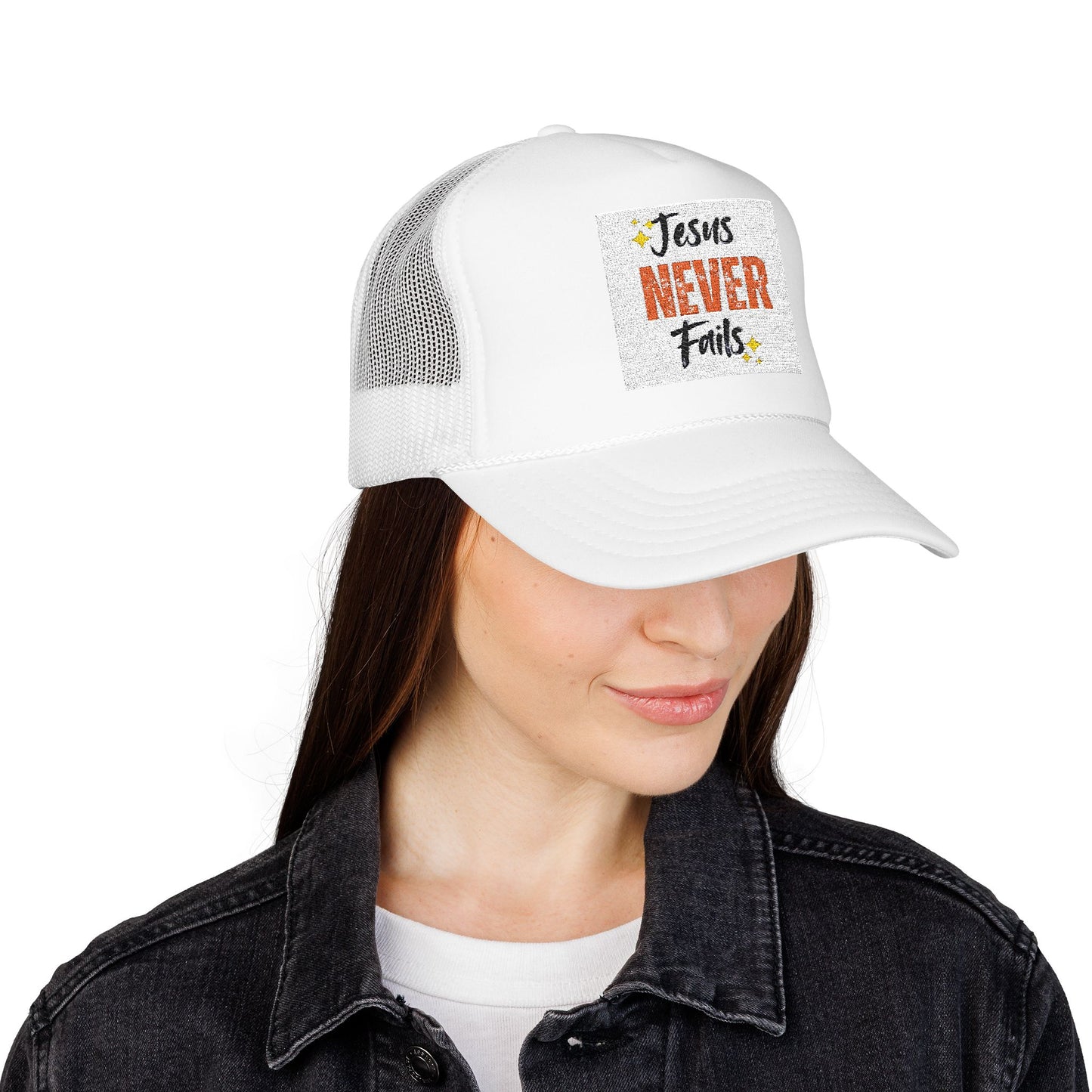 Red Foam Trucker Hat - 'Jesus Never Fails' - Faith-Based Gift, Casual Style, Summer Accessory, Inspirational Wear