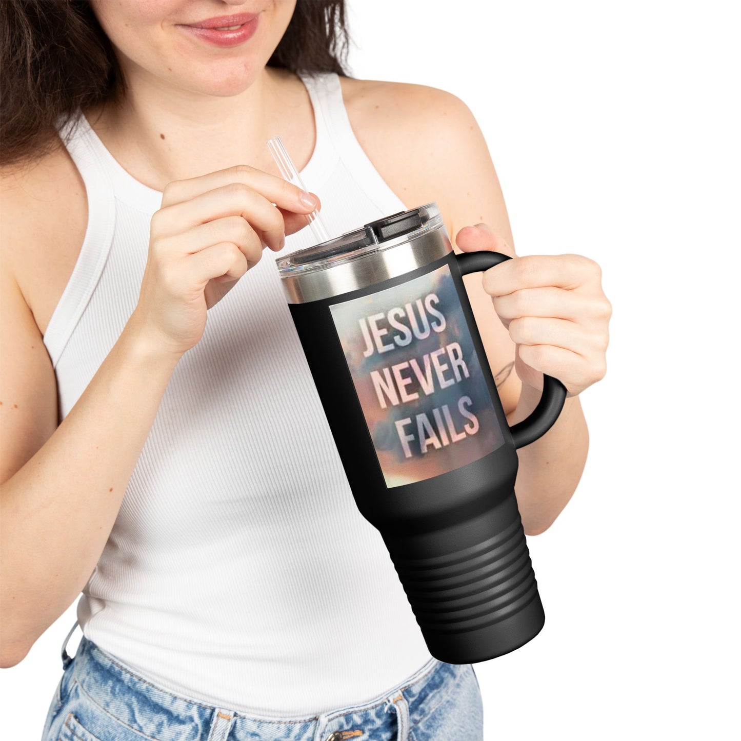Inspirational Insulated Travel Mug | 40oz Motivational Drinkware, Jesus Never Fails, Travel Cup, Gift for Believers, Faith-Based Coffee Mug