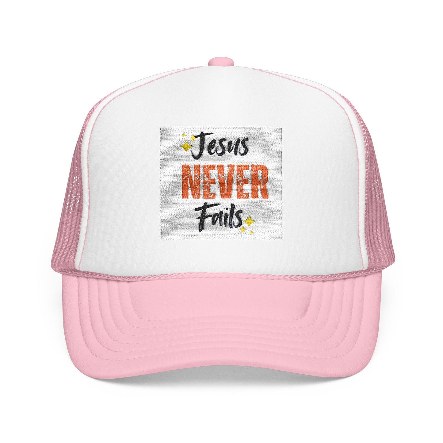 Red Foam Trucker Hat - 'Jesus Never Fails' - Faith-Based Gift, Casual Style, Summer Accessory, Inspirational Wear
