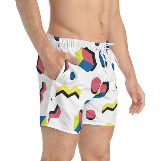 Colorful Geometric Swim Trunks, Fun Beachwear for Summer, Vibrant Pool Party Shorts, Trendy Vacation Swimwear, Stylish Men’s Swimwear