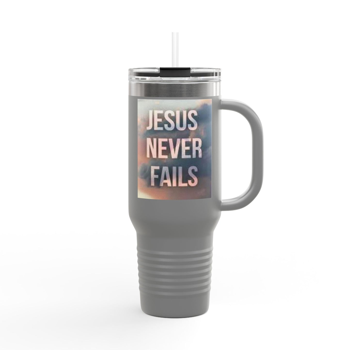 Inspirational Insulated Travel Mug | 40oz Motivational Drinkware, Jesus Never Fails, Travel Cup, Gift for Believers, Faith-Based Coffee Mug