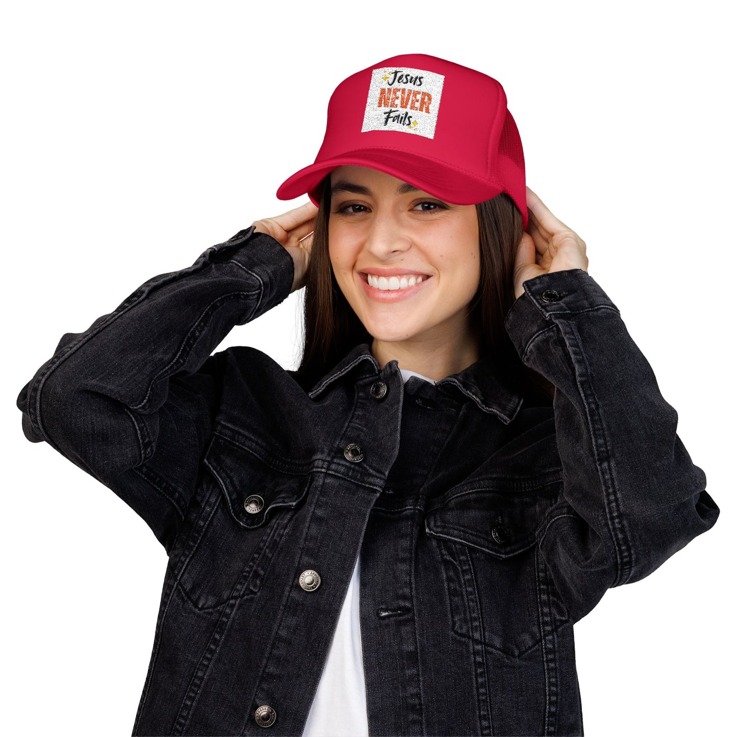 Red Foam Trucker Hat - 'Jesus Never Fails' - Faith-Based Gift, Casual Style, Summer Accessory, Inspirational Wear