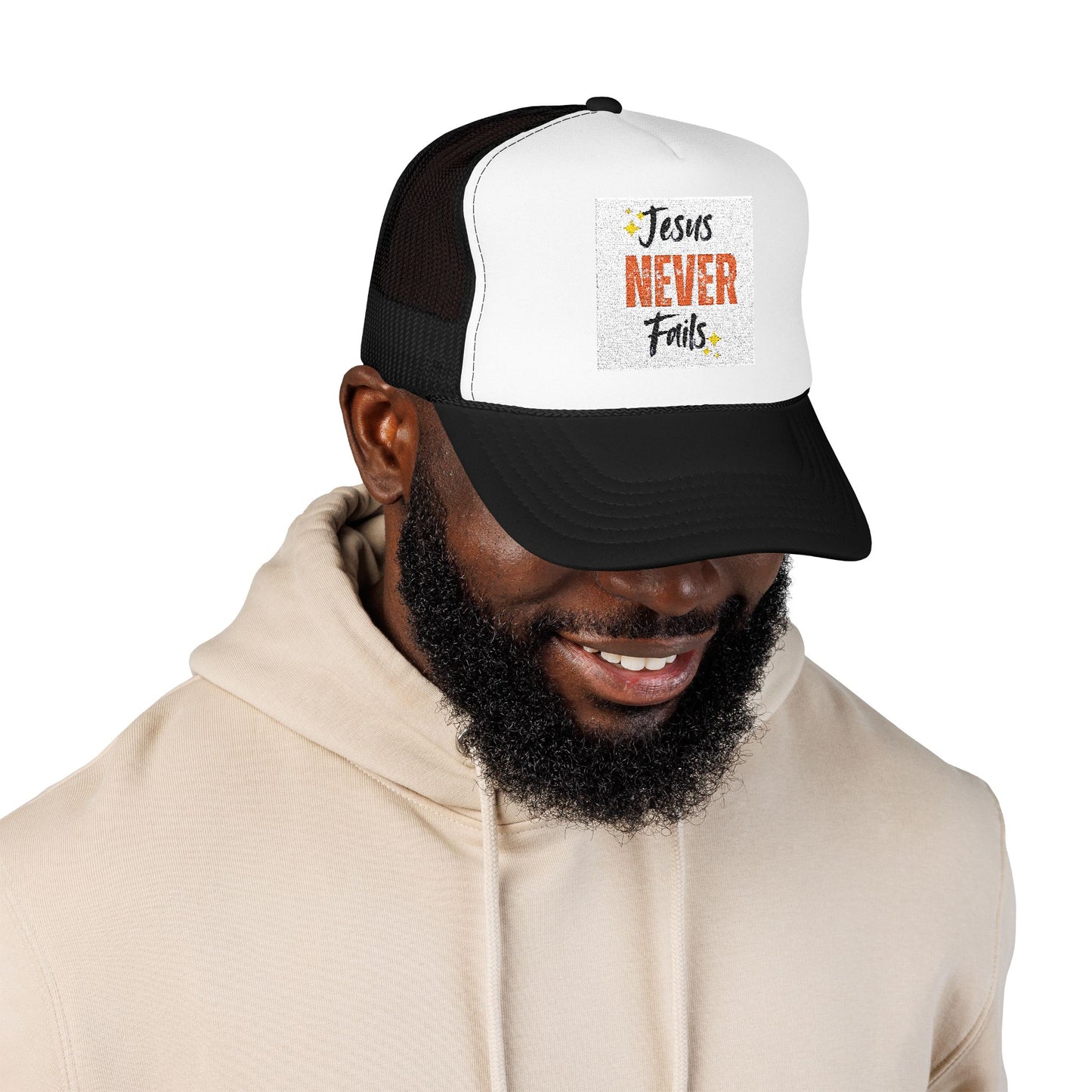 Red Foam Trucker Hat - 'Jesus Never Fails' - Faith-Based Gift, Casual Style, Summer Accessory, Inspirational Wear