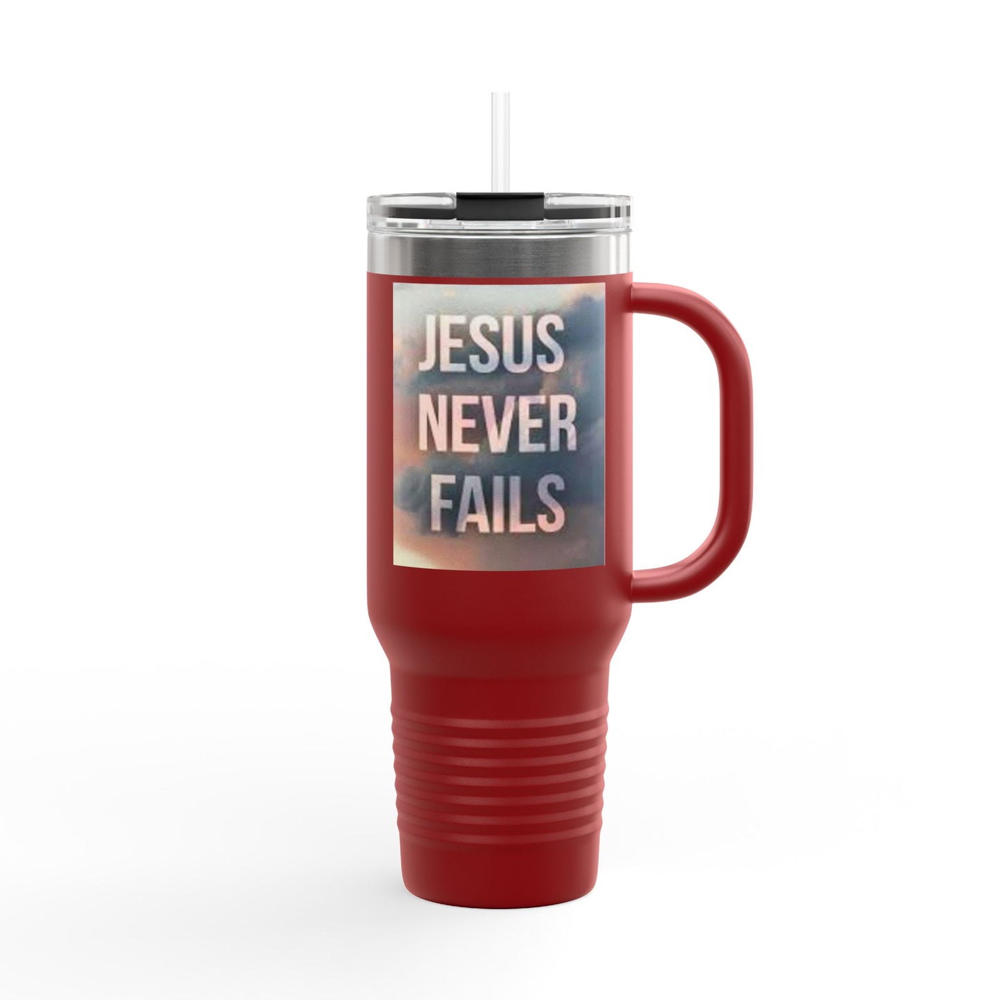 Inspirational Insulated Travel Mug | 40oz Motivational Drinkware, Jesus Never Fails, Travel Cup, Gift for Believers, Faith-Based Coffee Mug