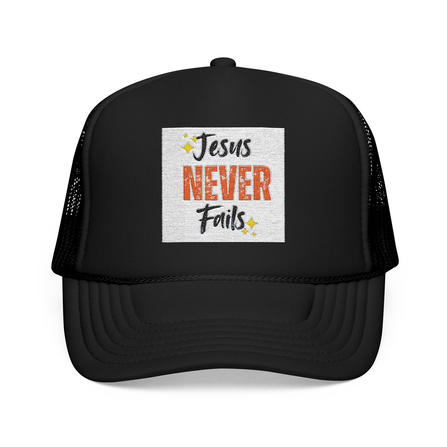 Red Foam Trucker Hat - 'Jesus Never Fails' - Faith-Based Gift, Casual Style, Summer Accessory, Inspirational Wear