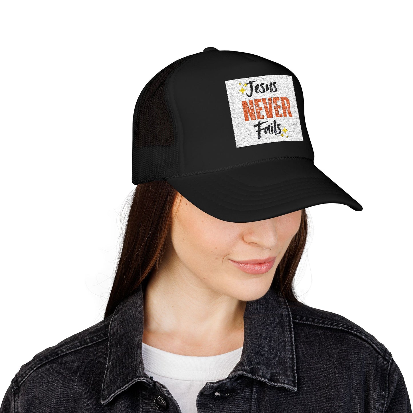 Red Foam Trucker Hat - 'Jesus Never Fails' - Faith-Based Gift, Casual Style, Summer Accessory, Inspirational Wear