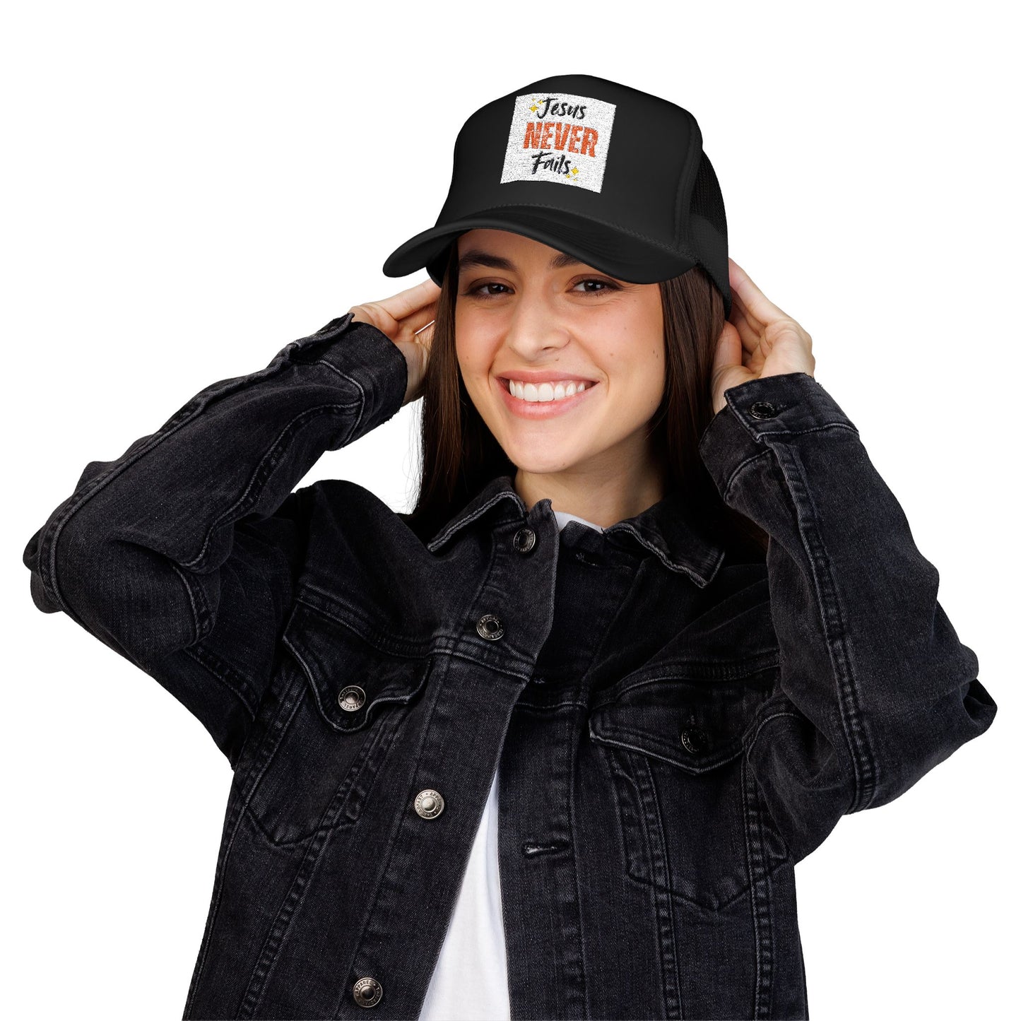 Red Foam Trucker Hat - 'Jesus Never Fails' - Faith-Based Gift, Casual Style, Summer Accessory, Inspirational Wear