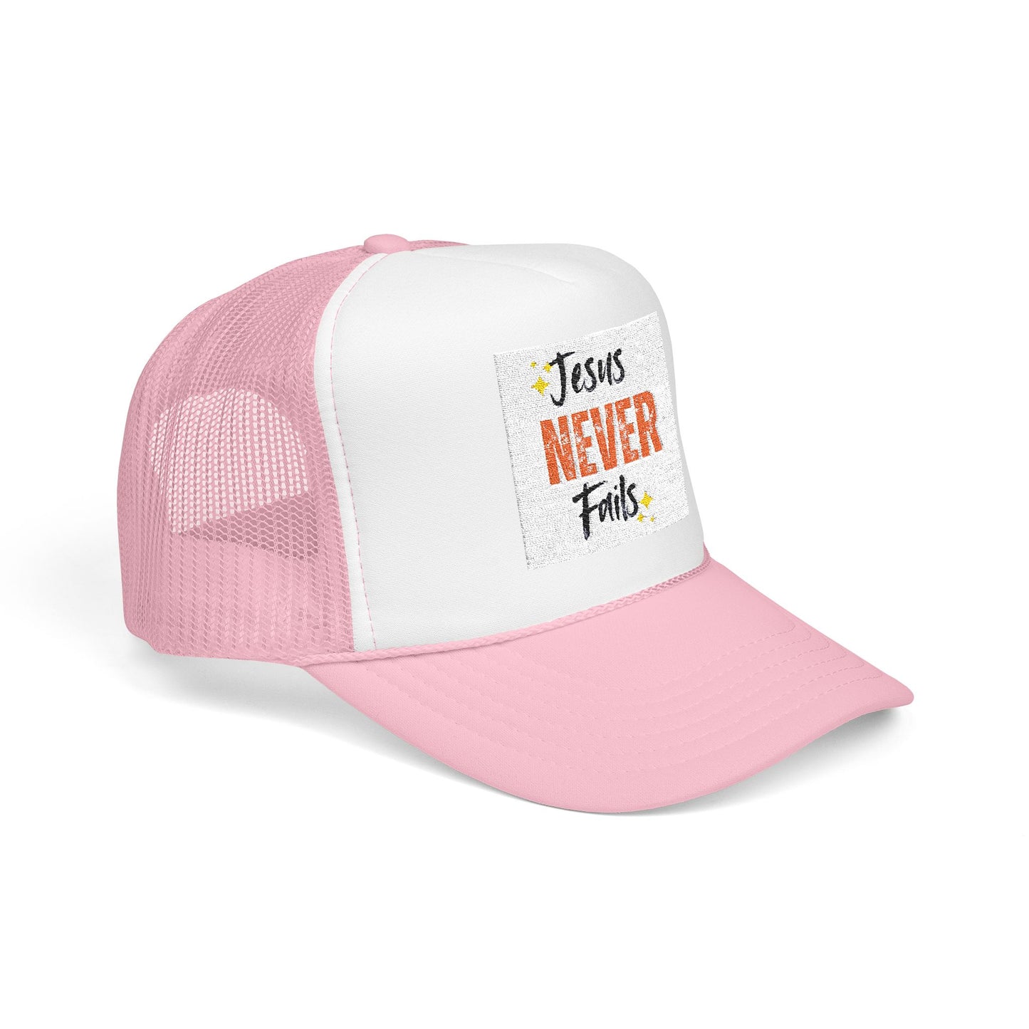 Red Foam Trucker Hat - 'Jesus Never Fails' - Faith-Based Gift, Casual Style, Summer Accessory, Inspirational Wear