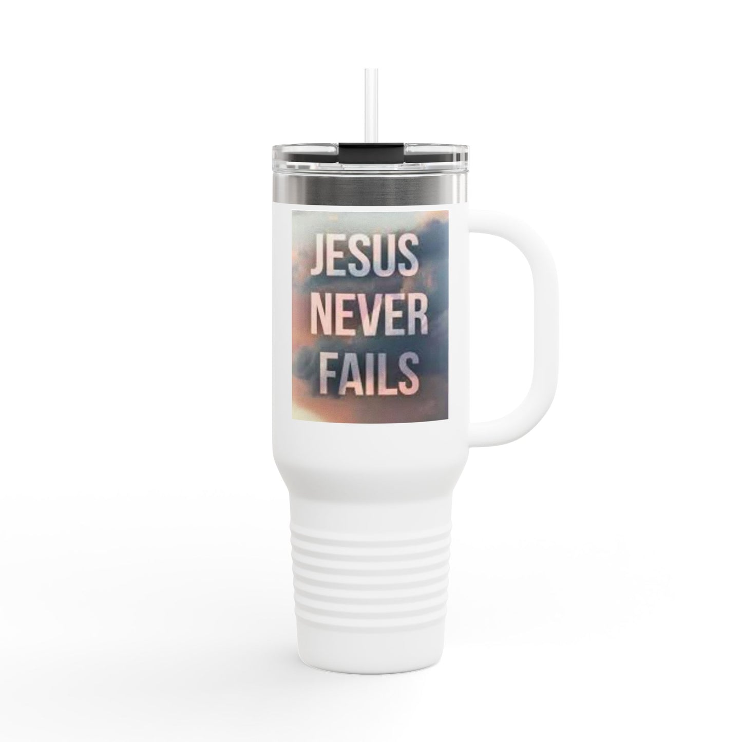 Inspirational Insulated Travel Mug | 40oz Motivational Drinkware, Jesus Never Fails, Travel Cup, Gift for Believers, Faith-Based Coffee Mug