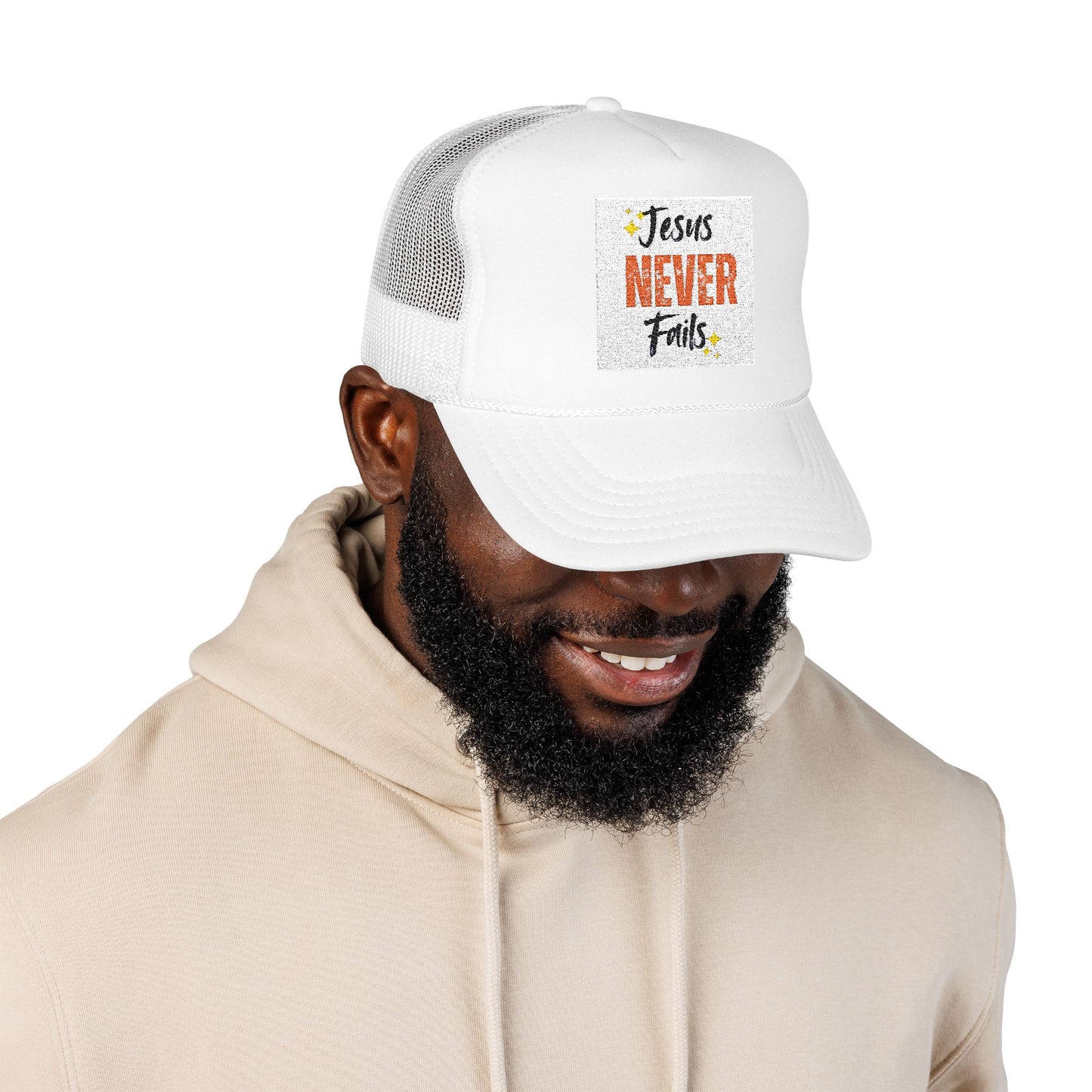 Red Foam Trucker Hat - 'Jesus Never Fails' - Faith-Based Gift, Casual Style, Summer Accessory, Inspirational Wear