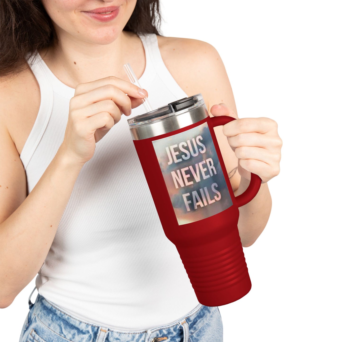 Inspirational Insulated Travel Mug | 40oz Motivational Drinkware, Jesus Never Fails, Travel Cup, Gift for Believers, Faith-Based Coffee Mug
