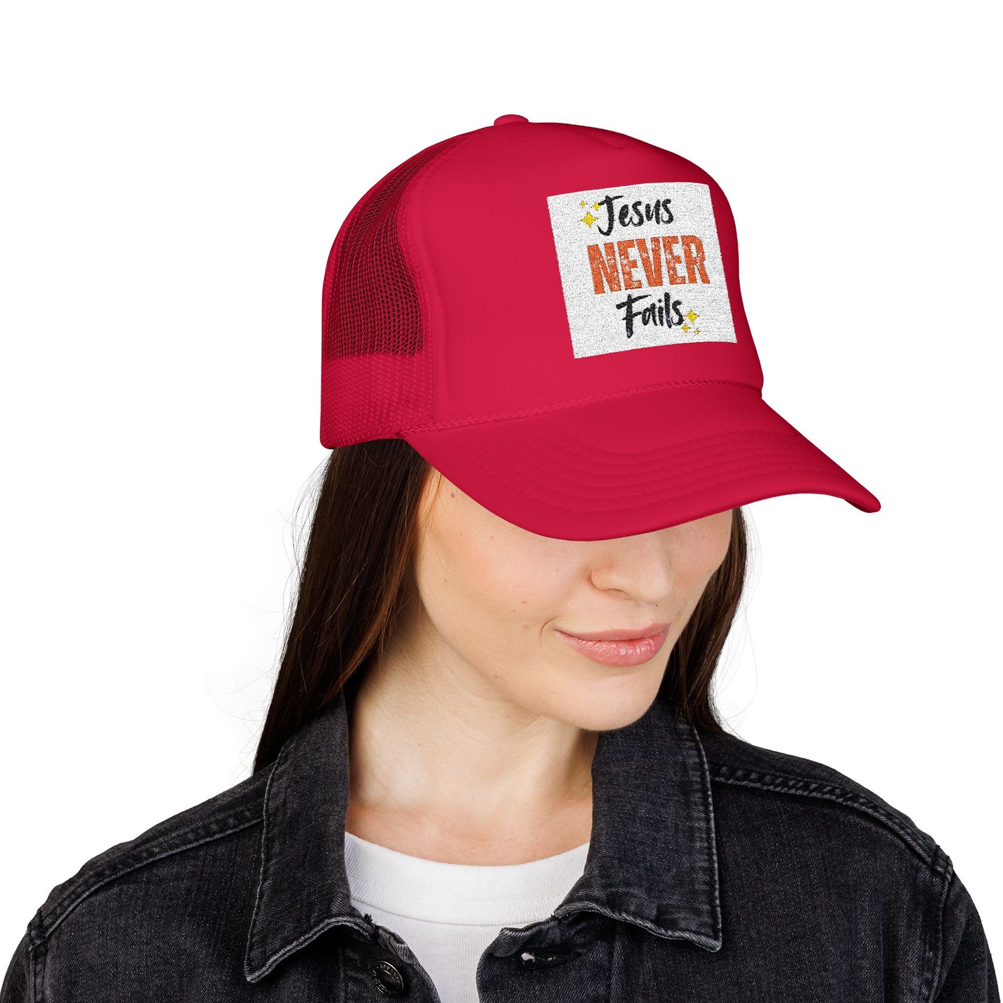 Red Foam Trucker Hat - 'Jesus Never Fails' - Faith-Based Gift, Casual Style, Summer Accessory, Inspirational Wear
