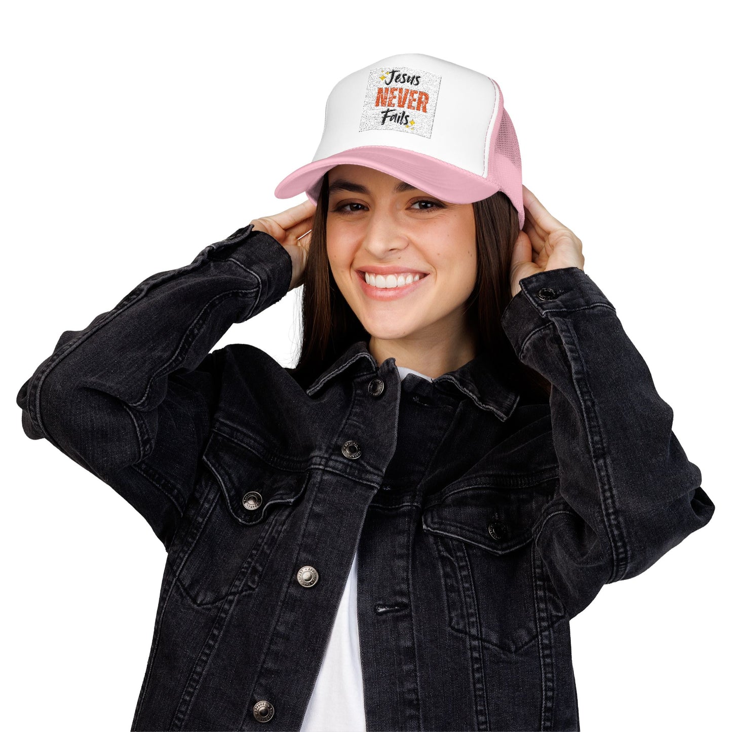 Red Foam Trucker Hat - 'Jesus Never Fails' - Faith-Based Gift, Casual Style, Summer Accessory, Inspirational Wear