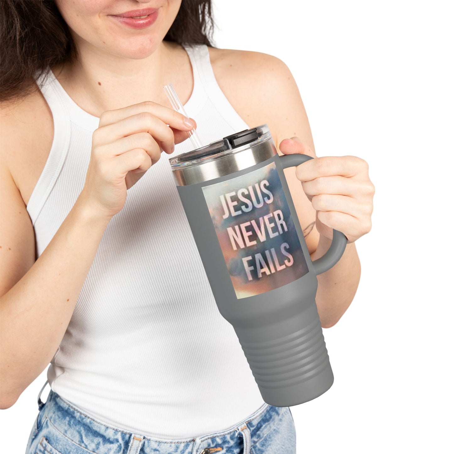Inspirational Insulated Travel Mug | 40oz Motivational Drinkware, Jesus Never Fails, Travel Cup, Gift for Believers, Faith-Based Coffee Mug